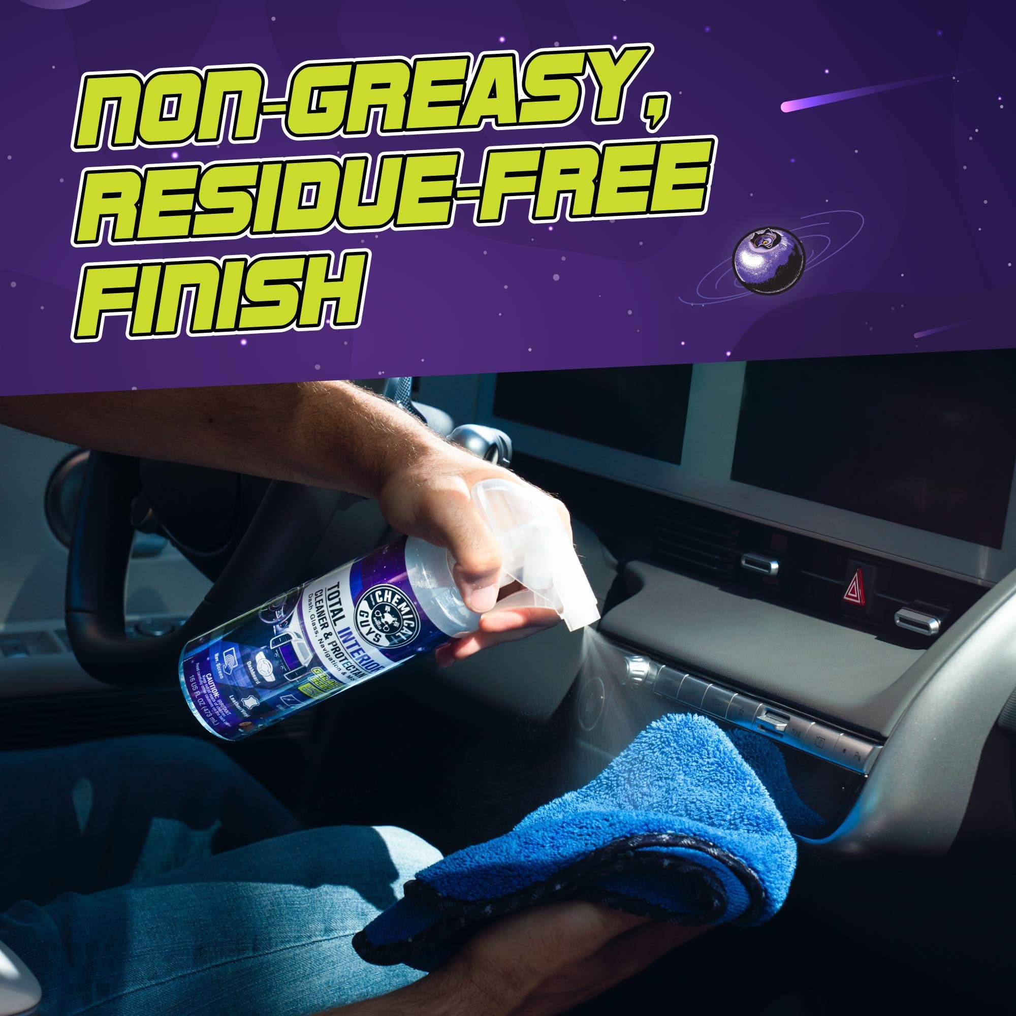 Chemical Guys Total Interior Cleaner & Protectant on leather for balanced cleaning and care.