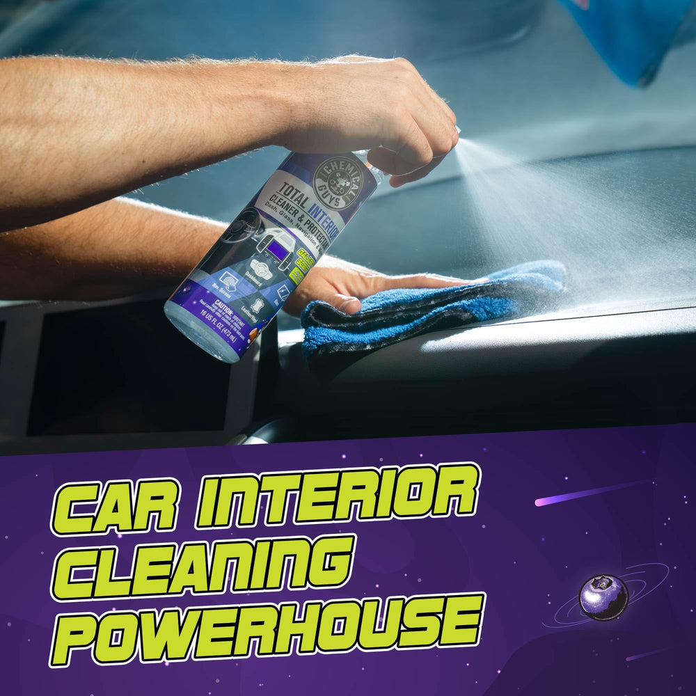 Chemical Guys Total Interior Cleaner & Protectant on seats for refreshed fabric and leather surfaces.