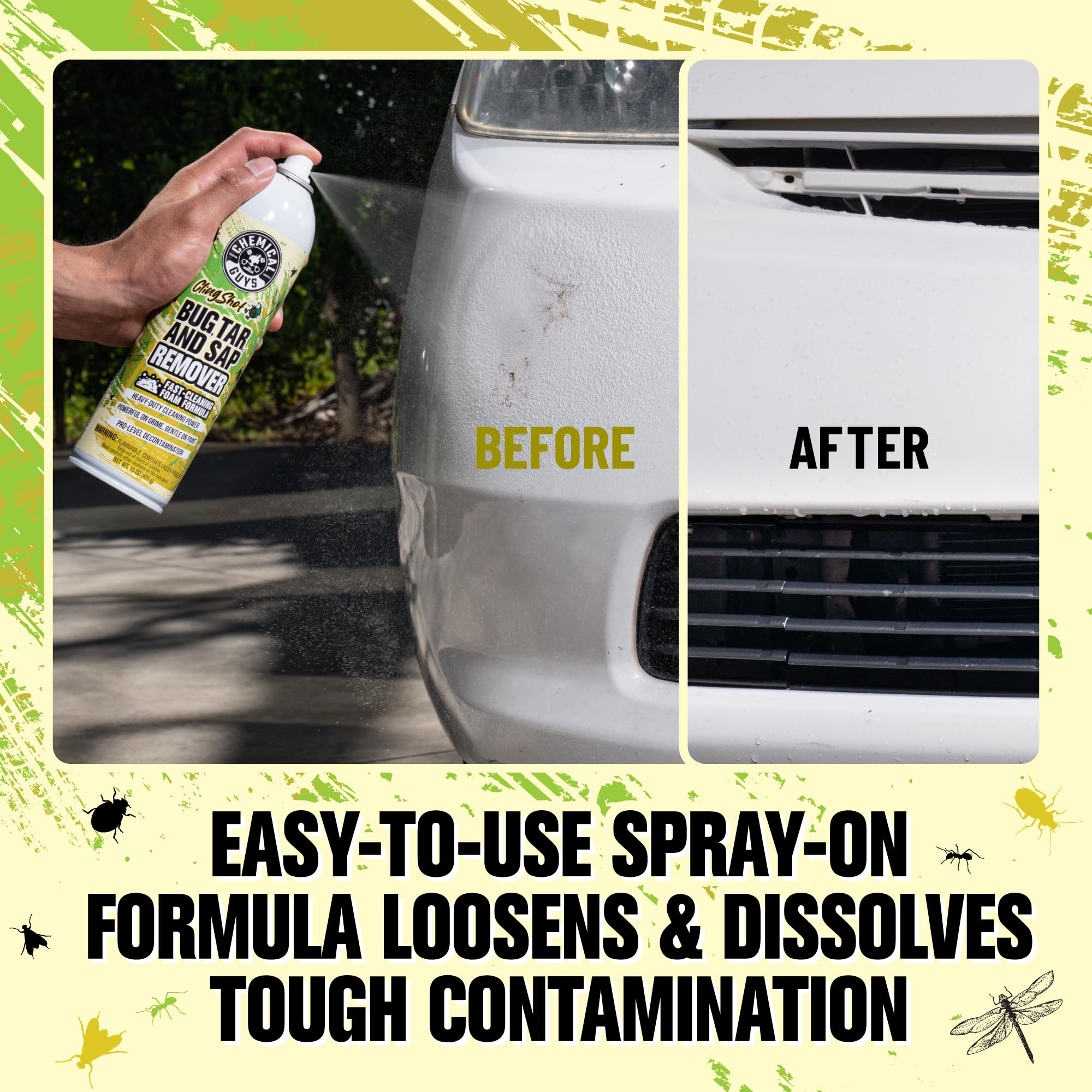 Chemical Guys grille application loosens bonded road film before washing.
