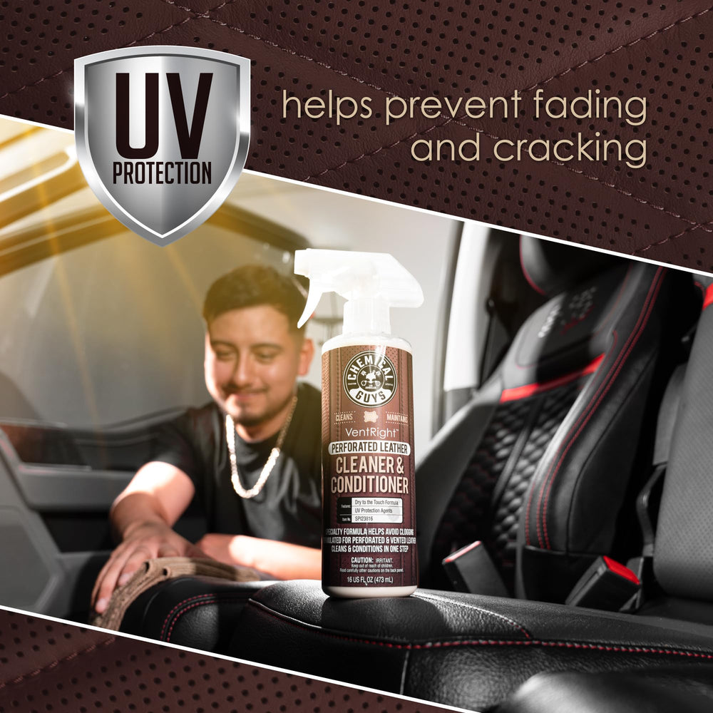 Chemical Guys VentRight breathable leather seat aftercare showcases balanced, refreshed cabin feel.