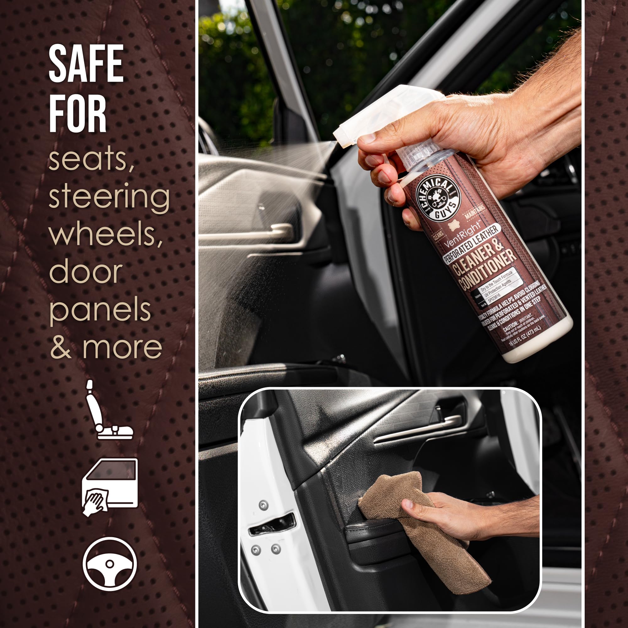 Chemical Guys VentRight deep-clean perforations image highlights removal of hidden grime.