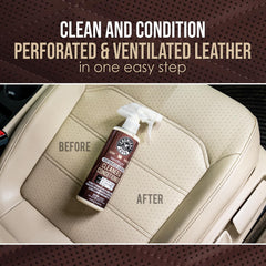Chemical Guys VentRight perforated-seat closeup shows deep-clean action in tiny leather channels.
