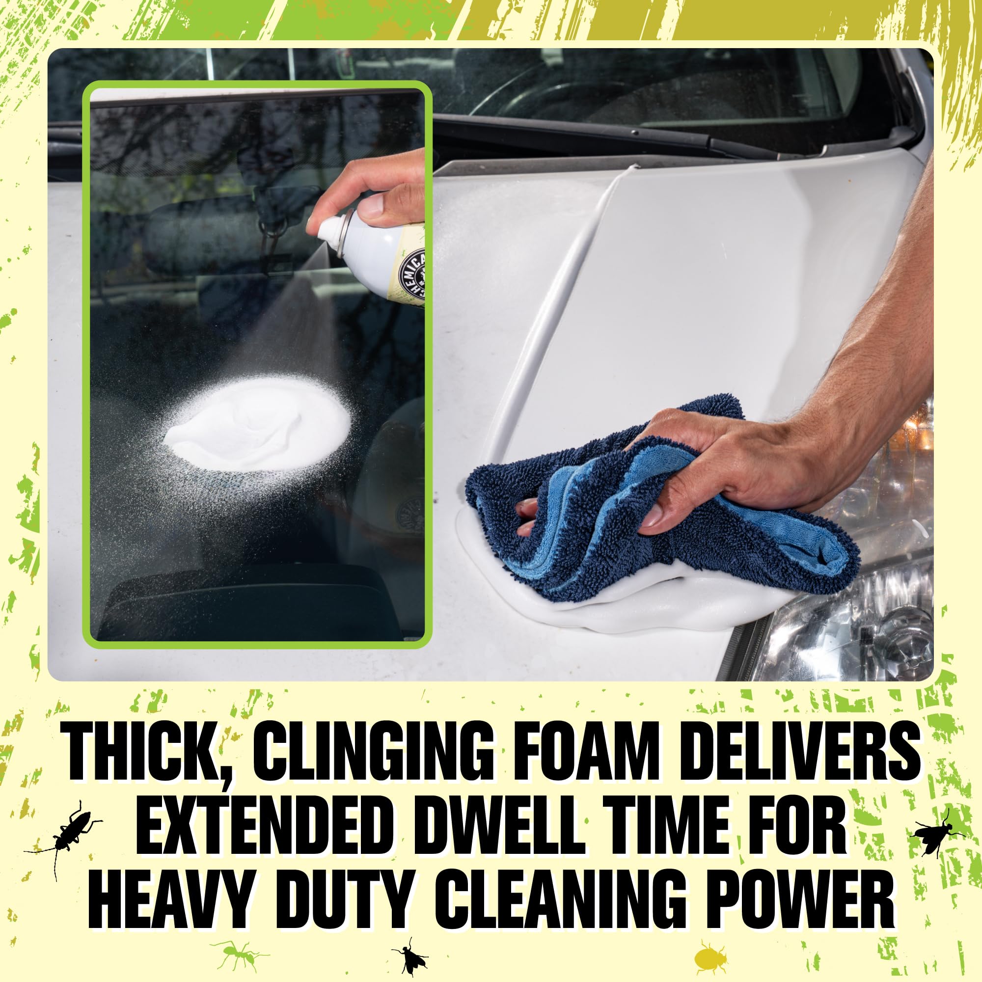 Chemical Guys windshield treatment loosens bug residue for easier rinse.