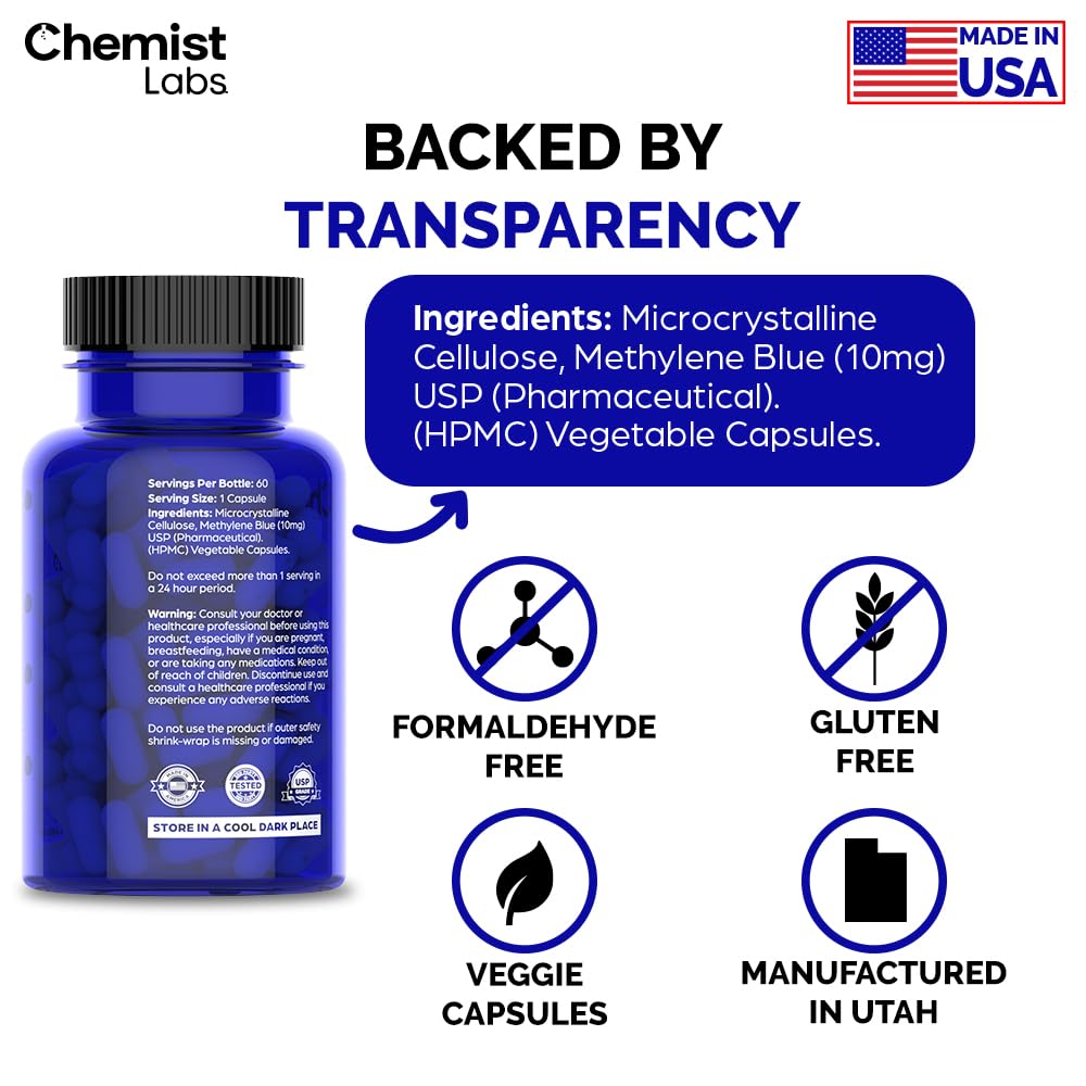 Chemist Labs Methylene Blue Capsules bottle shows 60-count packaging.