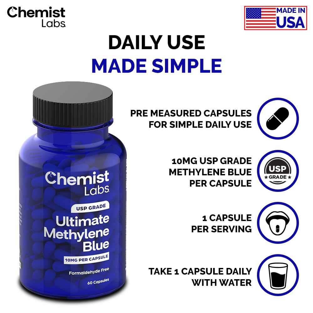 Chemist Labs Methylene Blue Capsules targeting cellular and mitochondrial support.