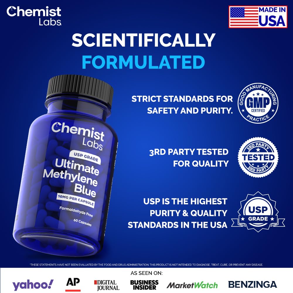 Chemist Labs Methylene Blue Capsules with third-party purity seal for trusted quality.