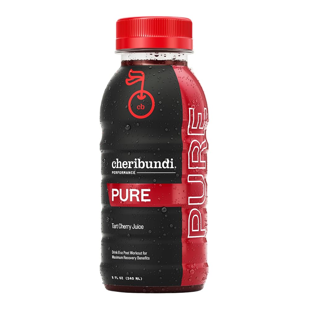 Cheribundi 100% tart cherry juice bottle pouring, natural recovery support.