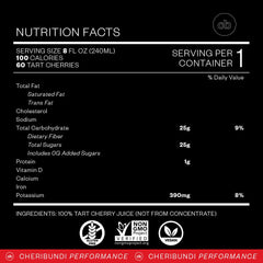 Cheribundi tart cherry juice glass served, refreshing hydration after workouts.