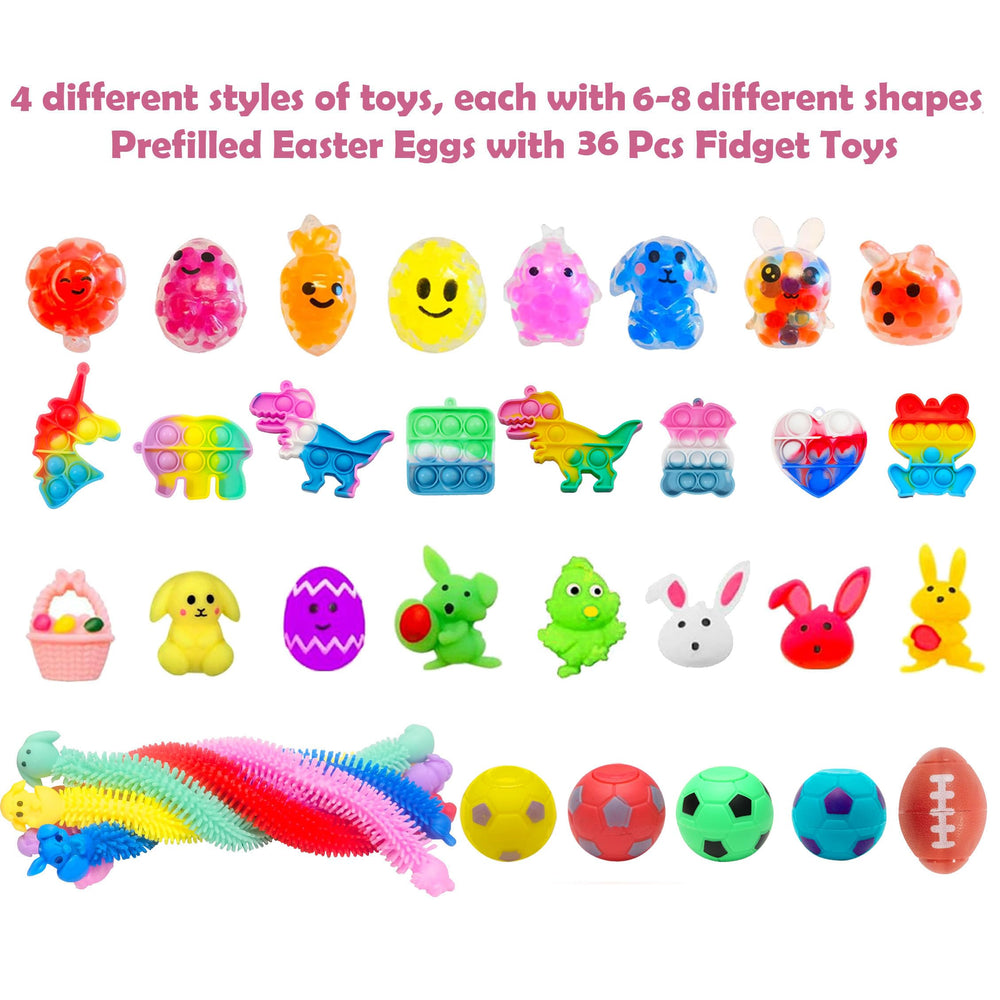 Cherislpy 36-pack Easter eggs contents with mini fidget toys for kids' sensory play.
