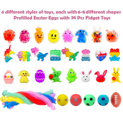 Cherislpy 36-pack Easter eggs contents with mini fidget toys for kids' sensory play.