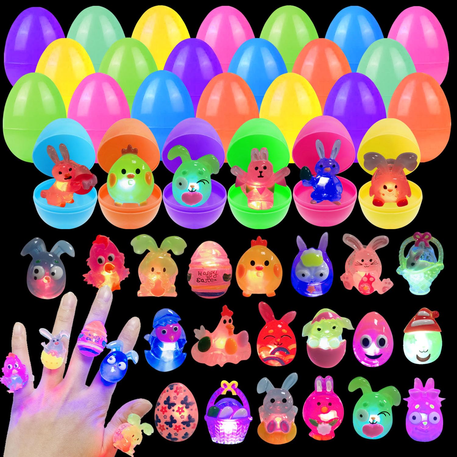 Cherislpy Easter egg 24-pack with 3D light-up rings for kids' glow-in-the-dark hunts
