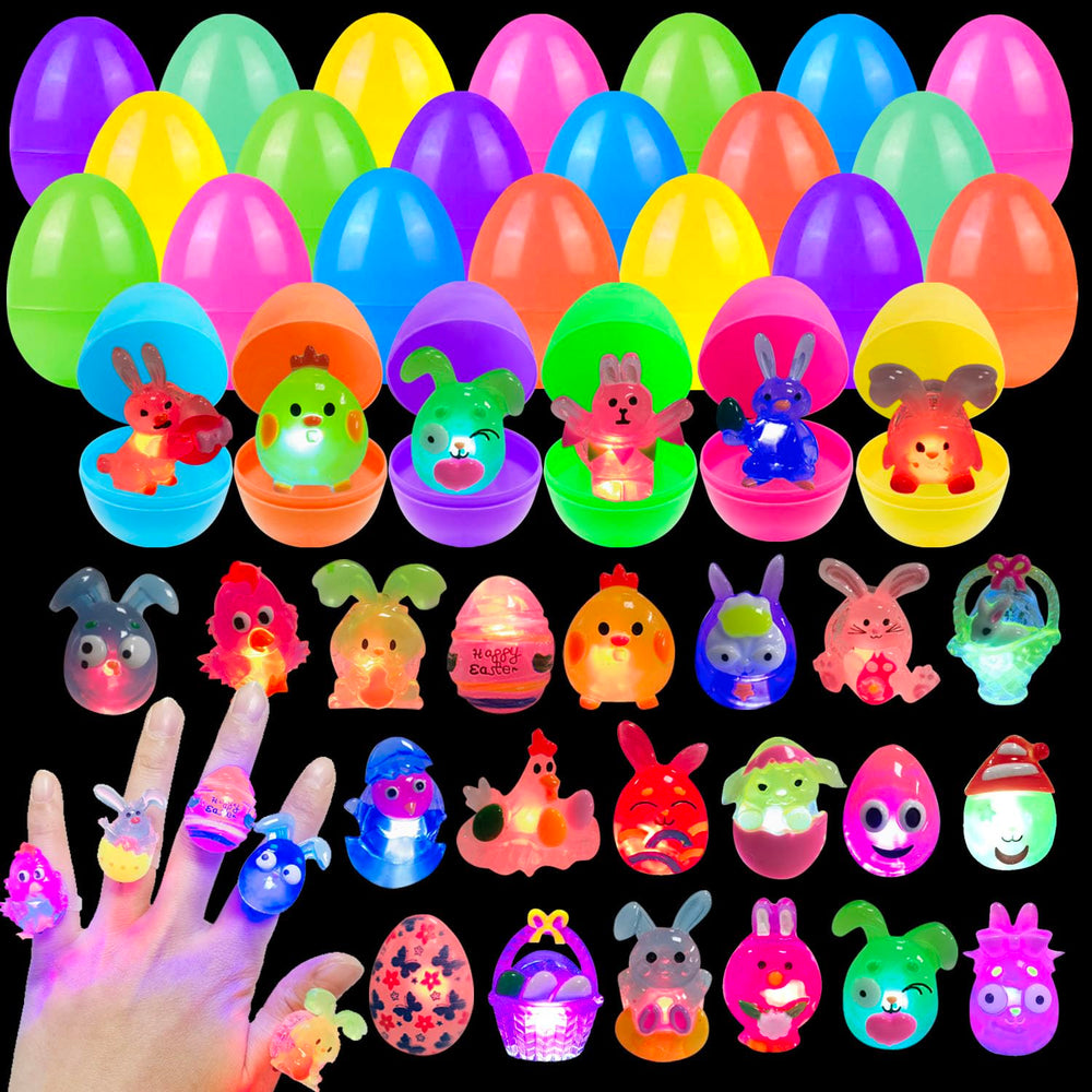 Cherislpy Easter egg 24-pack with 3D light-up rings for kids' glow-in-the-dark hunts