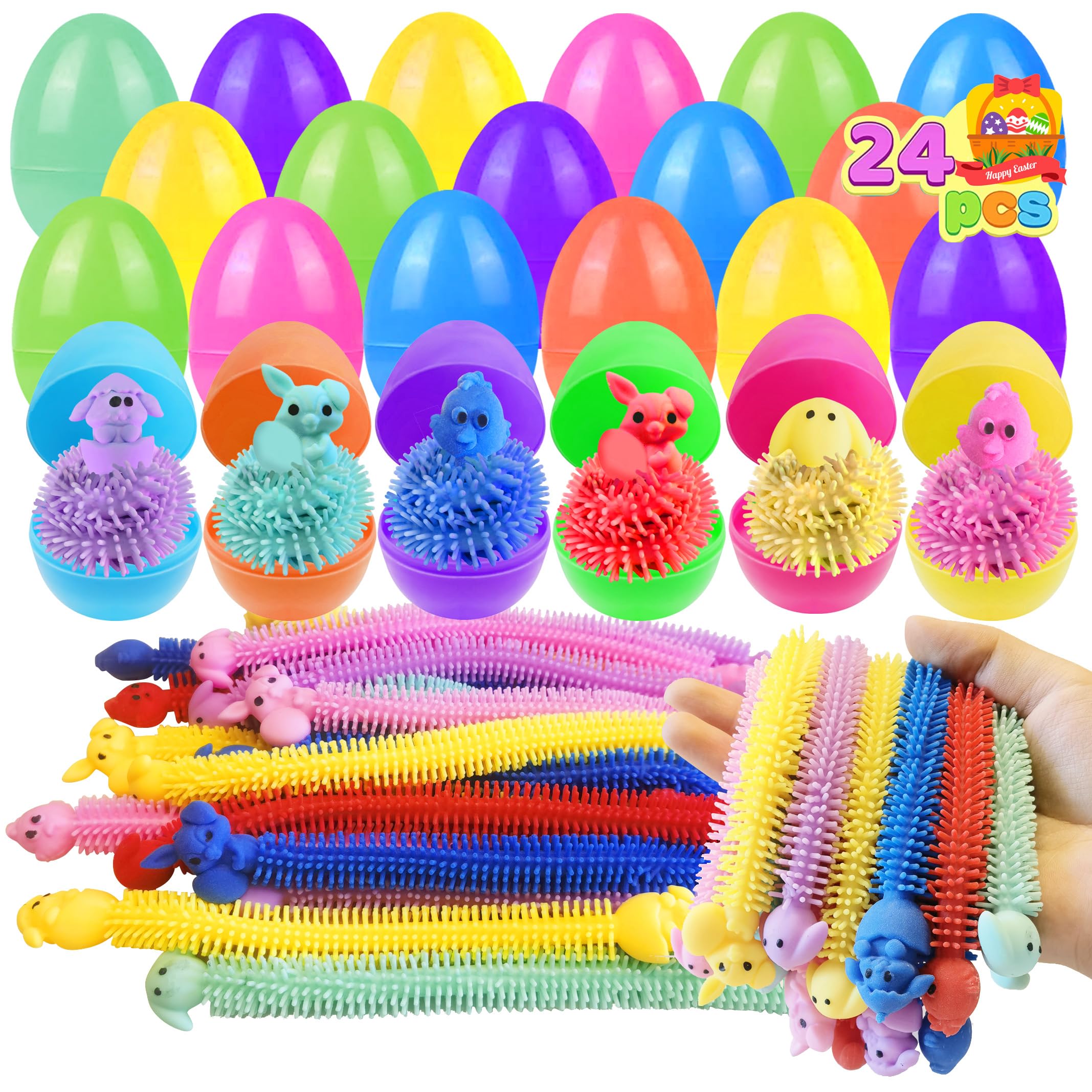 Cherislpy 24-pack Easter eggs with bunny stretchy strings for Easter baskets.