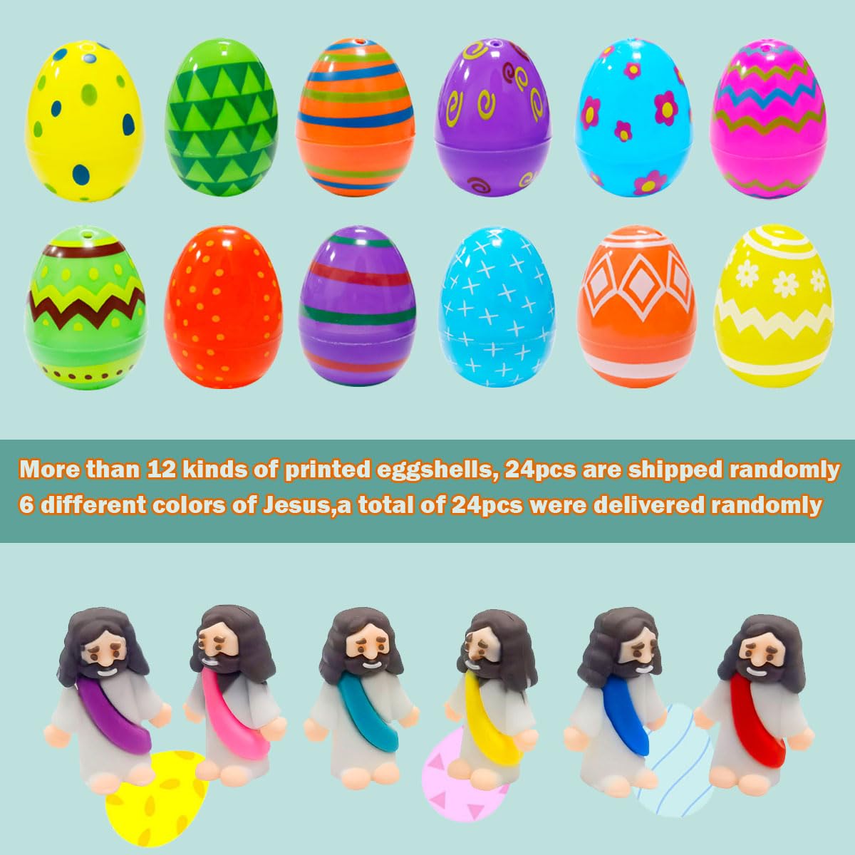 Cherislpy Easter eggs filled with mini Jesus figurines, great as party favors for kids