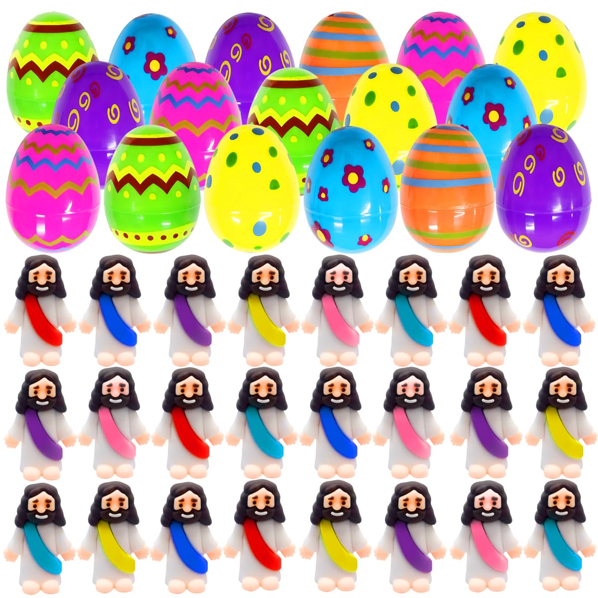 Cherislpy printed Easter eggs with Jesus dolls inside, ideal for Easter egg hunts and church activities