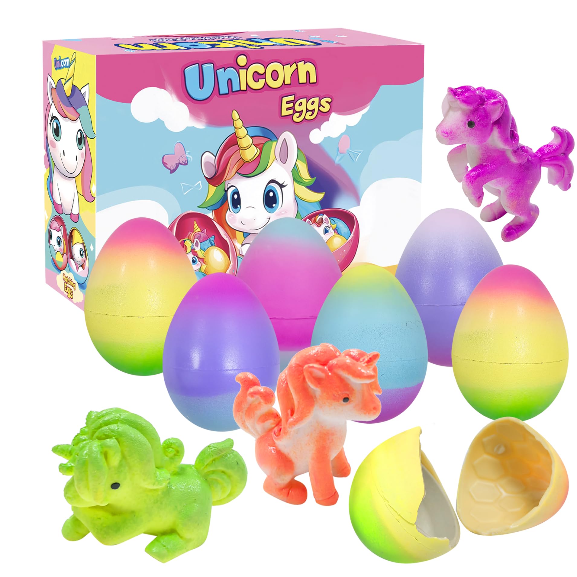 Cherislpy unicorn hatching egg pack with six colorful eggs for Easter gifts.