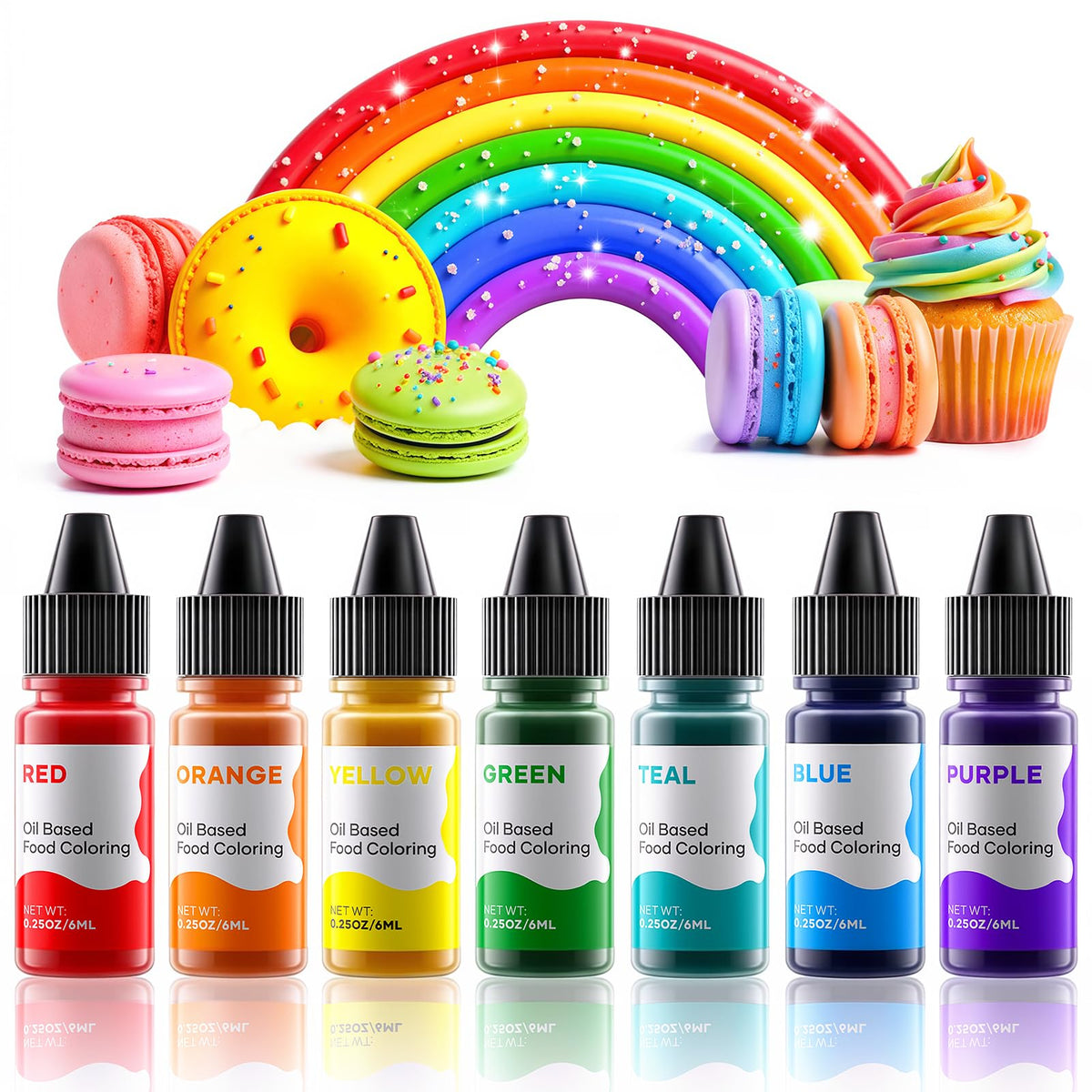 Cherrysea rainbow oil dye set bottles with vivid colors for chocolate decorating.
