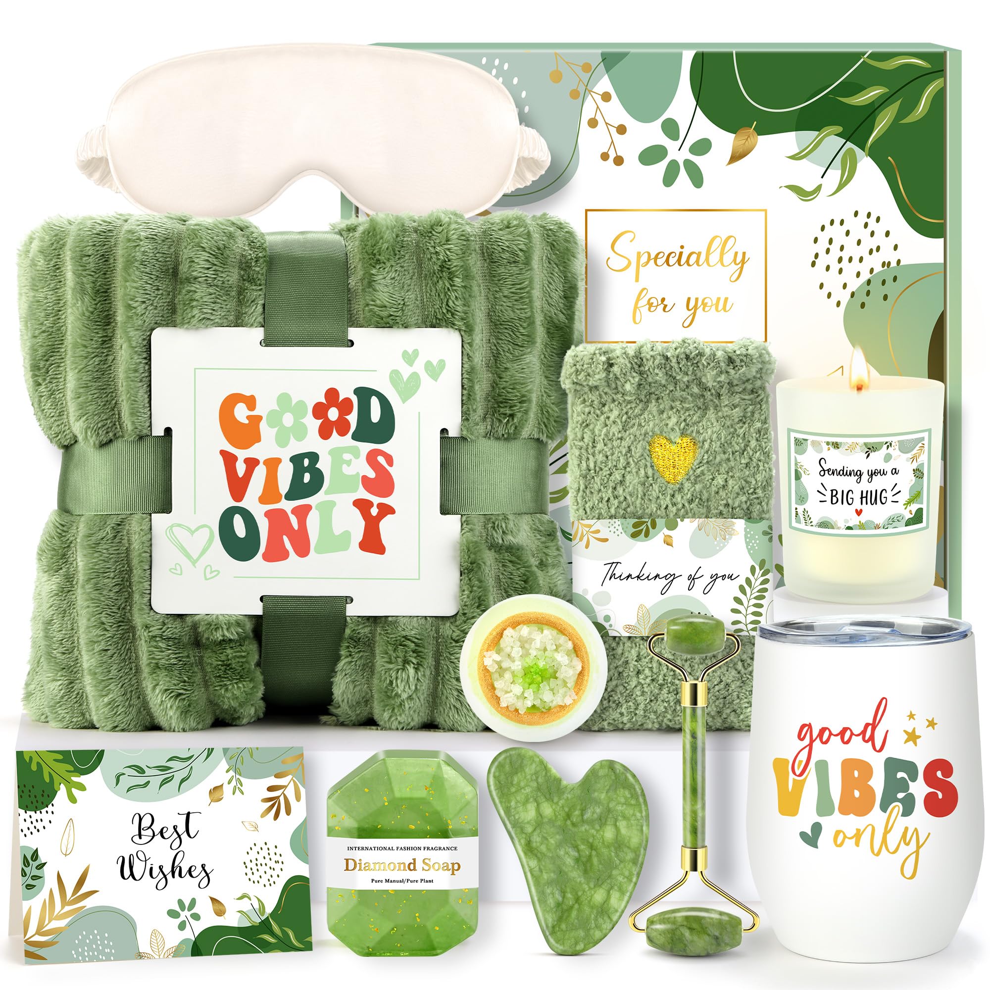 CHESACE plush blanket in the green gift basket offers cozy warmth and comfort.