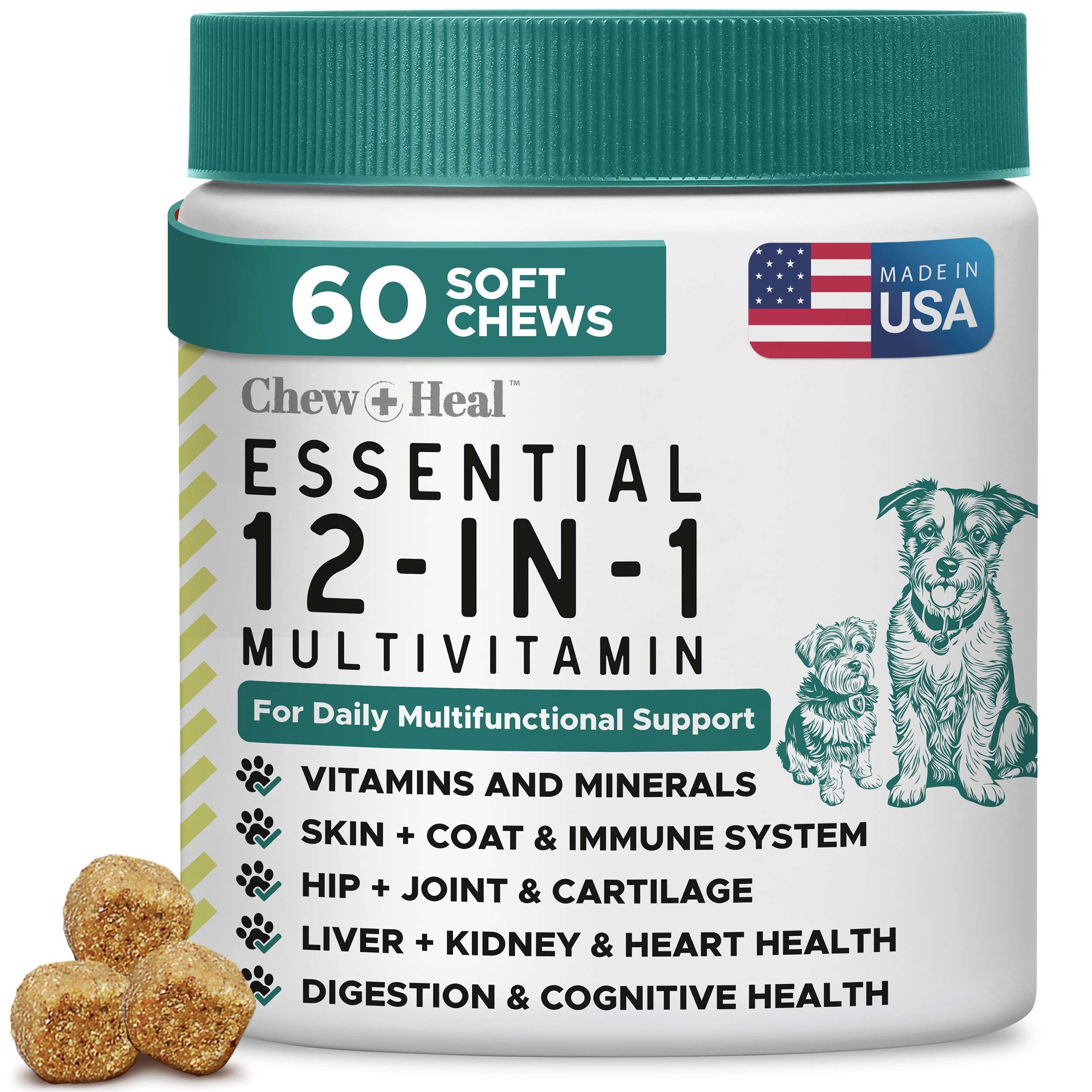 Chew + Heal Labs dog multivitamin bottle closeup showing 12-in-1 benefits.