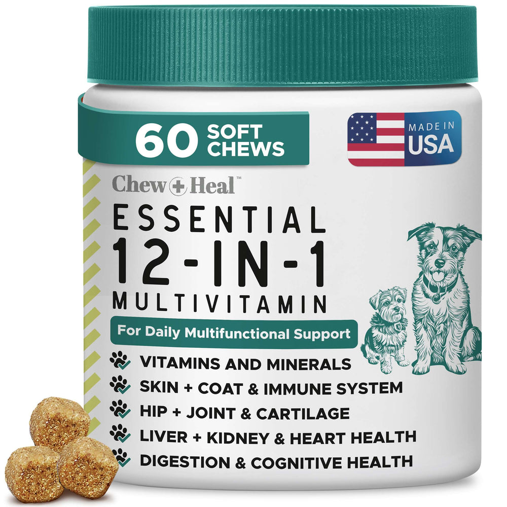 Chew + Heal Labs dog multivitamin bottle closeup showing 12-in-1 benefits.