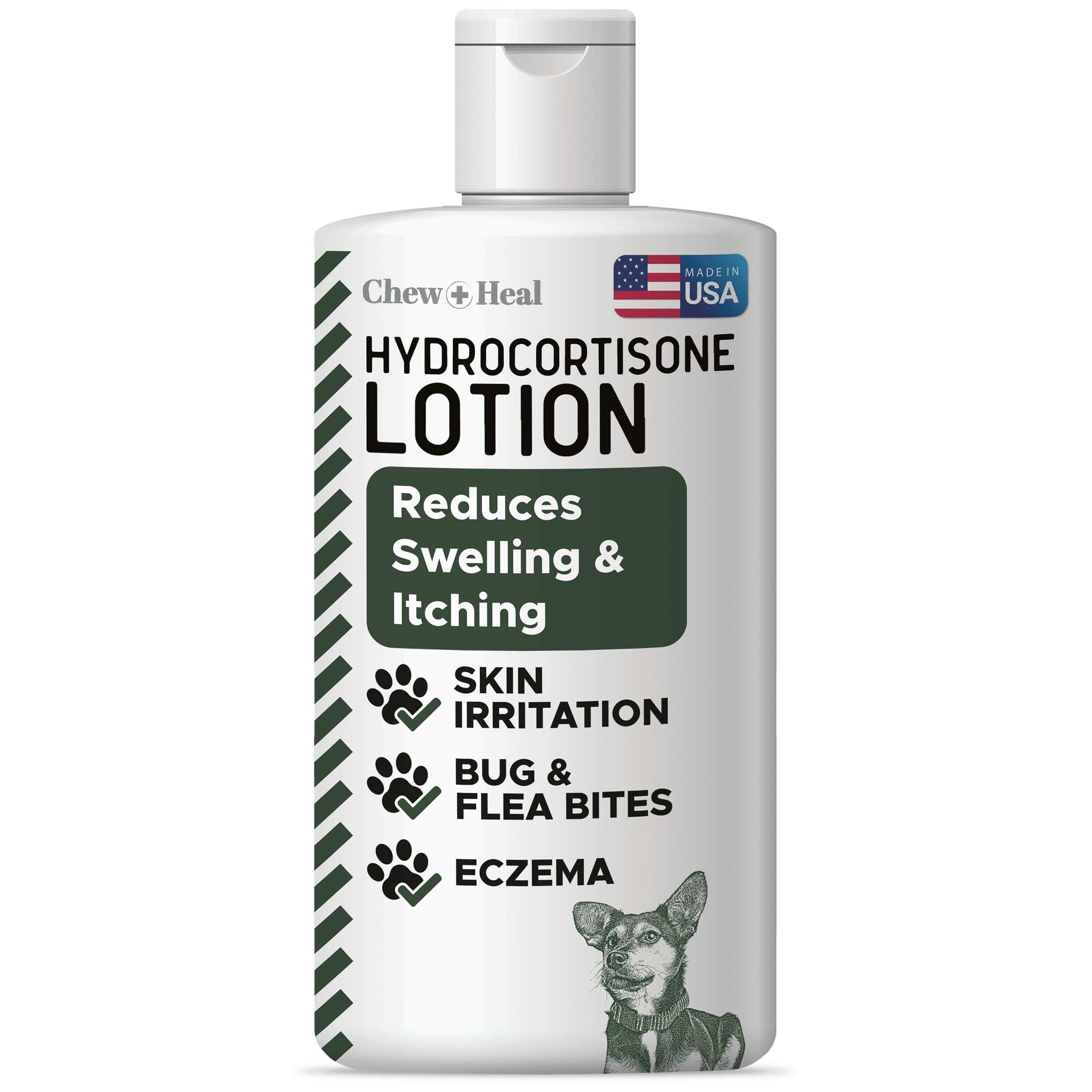 Chew + Heal Labs hydrocortisone lotion bottle for dogs offering itch relief