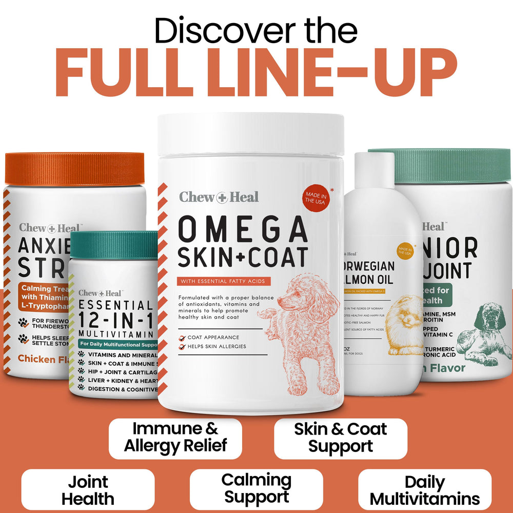 Chew + Heal Labs packaging front shot signals easy dosing and quality manufacturing.