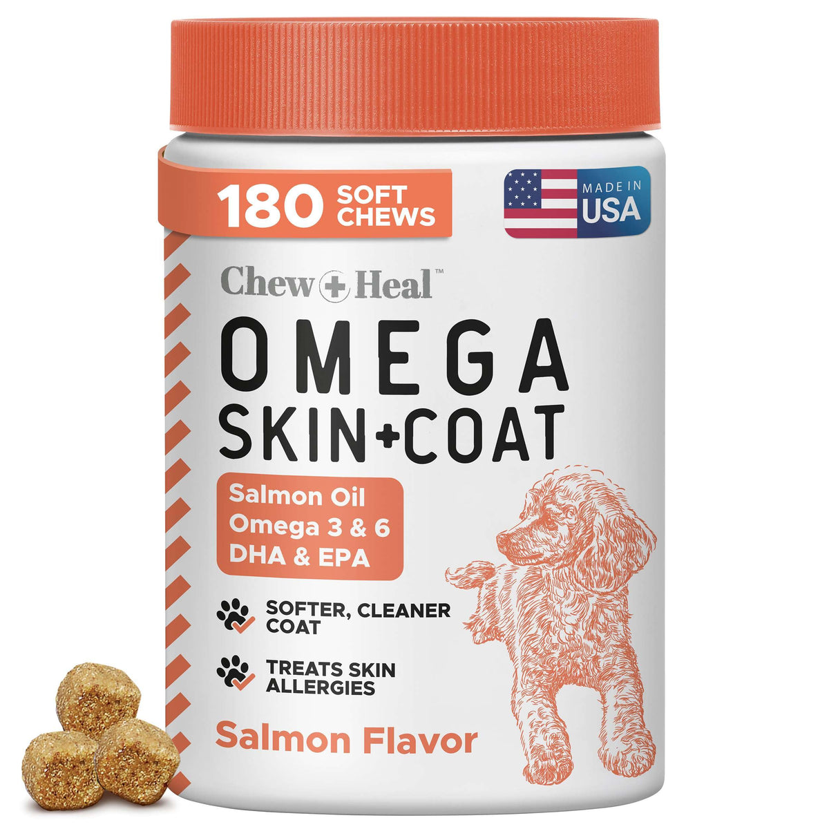 Chew + Heal Labs salmon oil dog treats bottle highlighting a USA-made supplement for coat support.