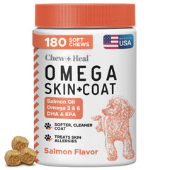 Chew + Heal Labs salmon oil dog treats bottle highlighting a USA-made supplement for coat support.