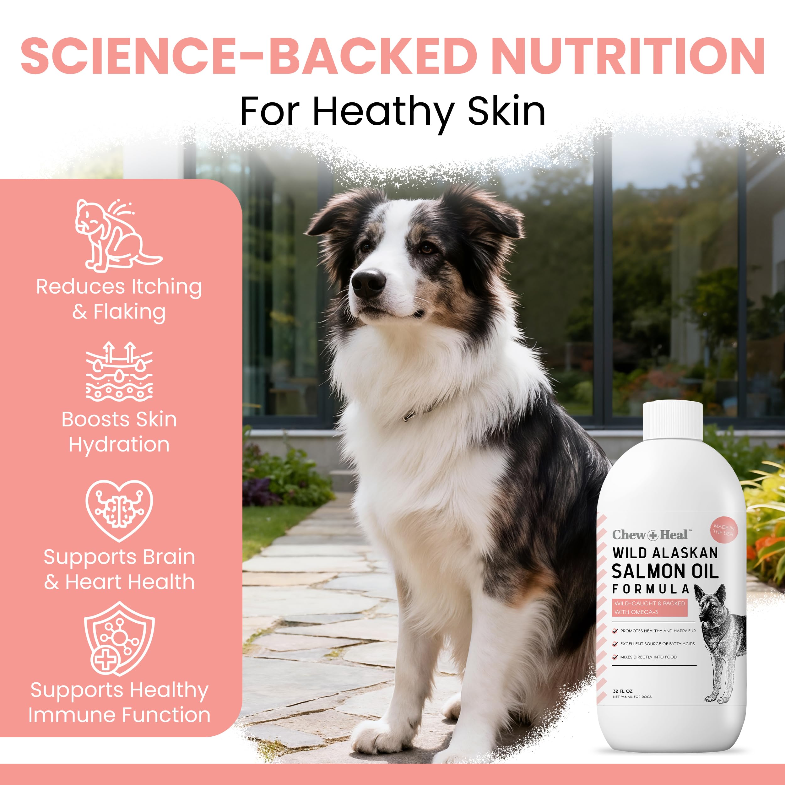 Chew + Heal Labs Salmon Oil label highlights omega-3, EPA and DHA benefits.