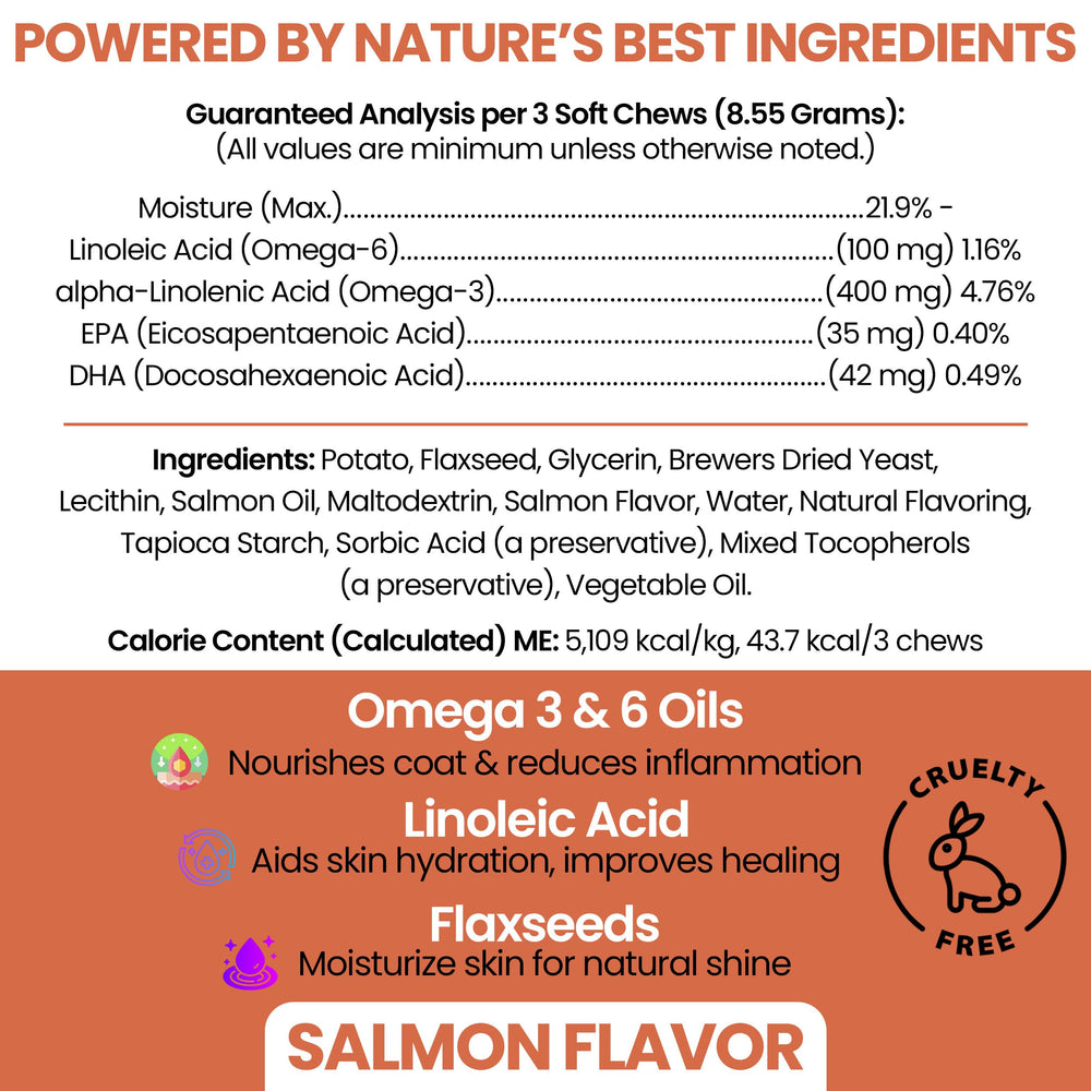 Chew + Heal Labs soft chews close-up showing salmon oil texture for healthy skin.