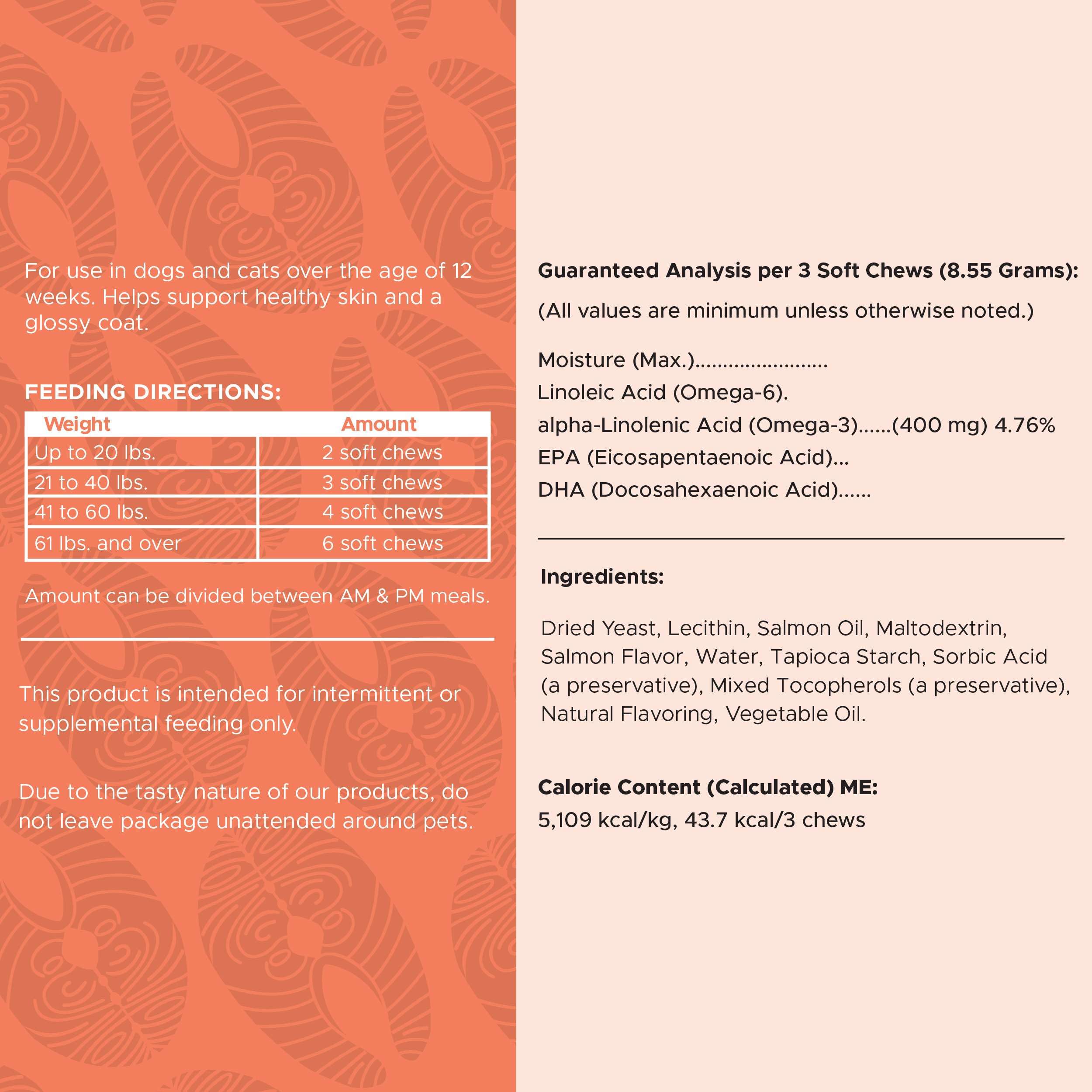 Chew + Heal Labs label shows dosage guidance and cruelty-free ingredients for pet wellness.