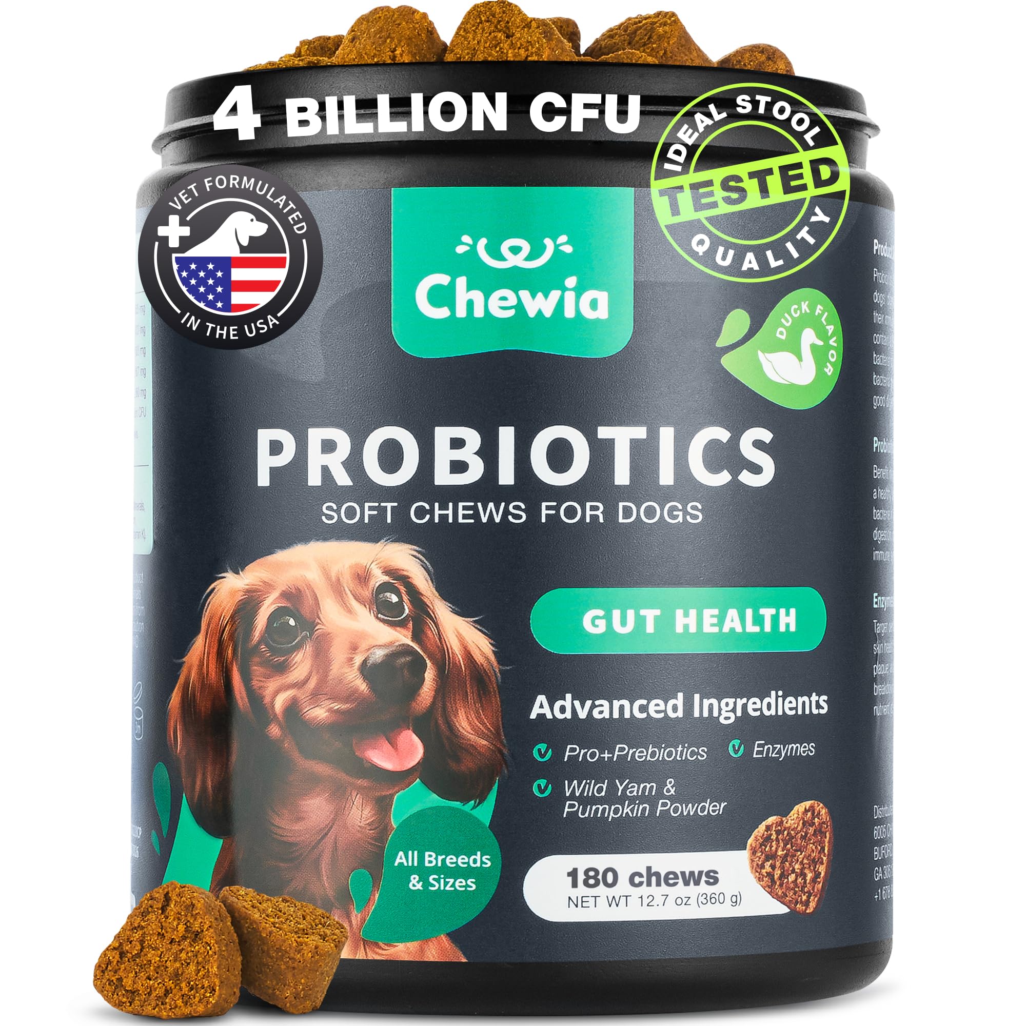 CHEWIA probiotics for dogs treats bottle promotes gentle digestion
