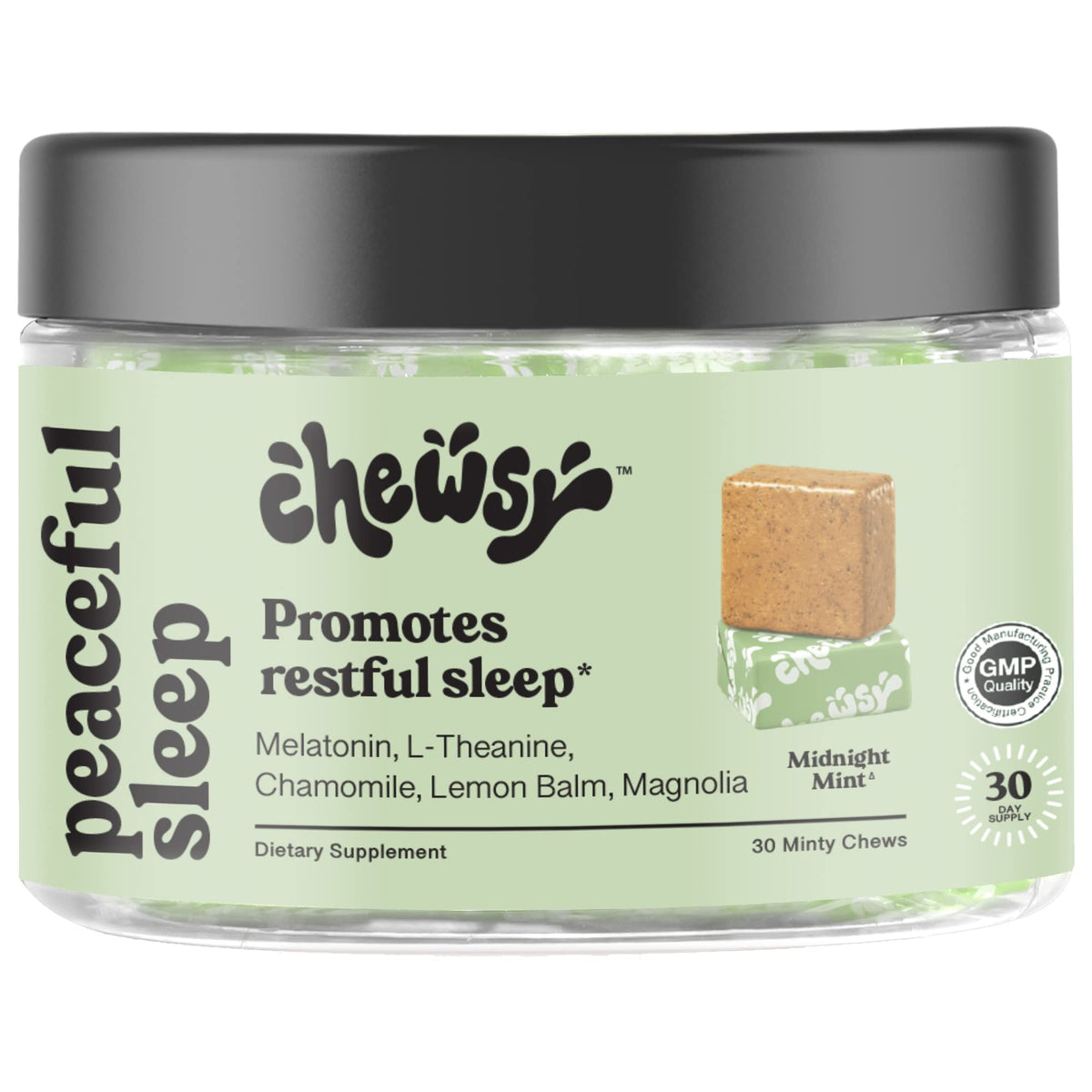 Chewsy Peaceful Sleep mint chew pack shown for a calm bedtime routine