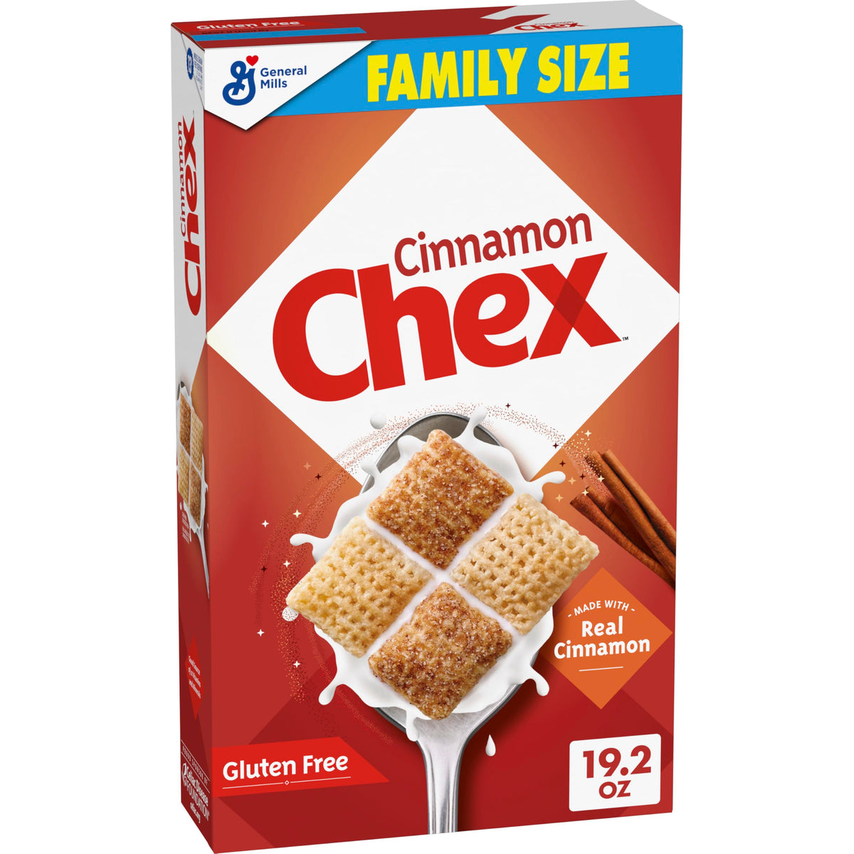 Chex Cinnamon cereal bowl with milk for gluten-free breakfast.