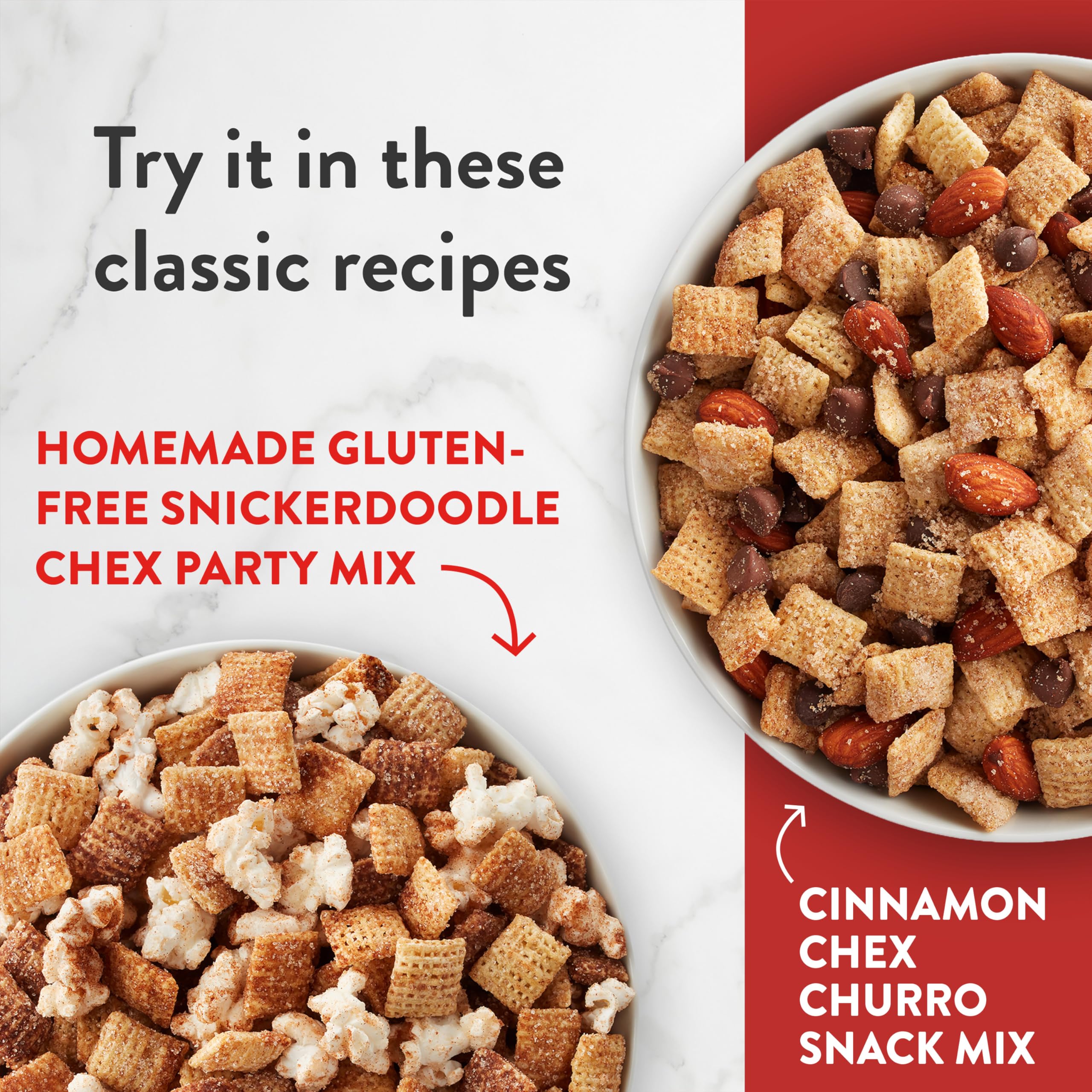 Family-size Chex Cinnamon cereal box on the kitchen counter for sharing.