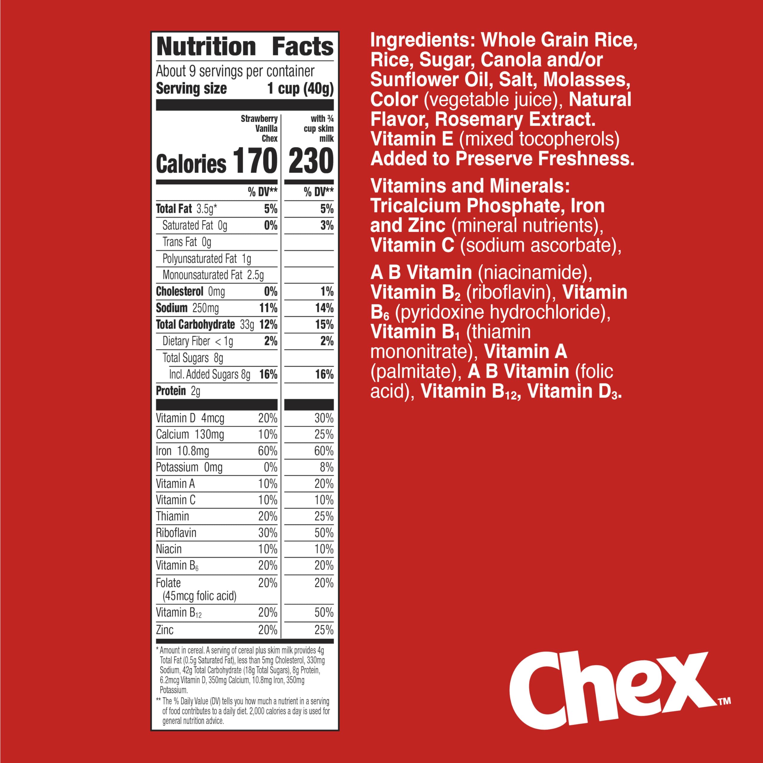 Chex gluten-free cereal packaging shows a family-friendly morning option.