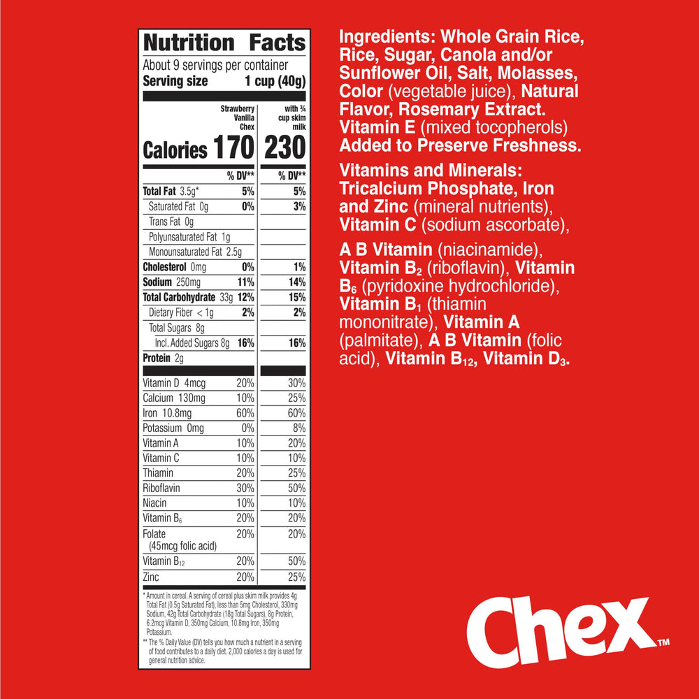 Chex gluten-free cereal packaging shows a family-friendly morning option.