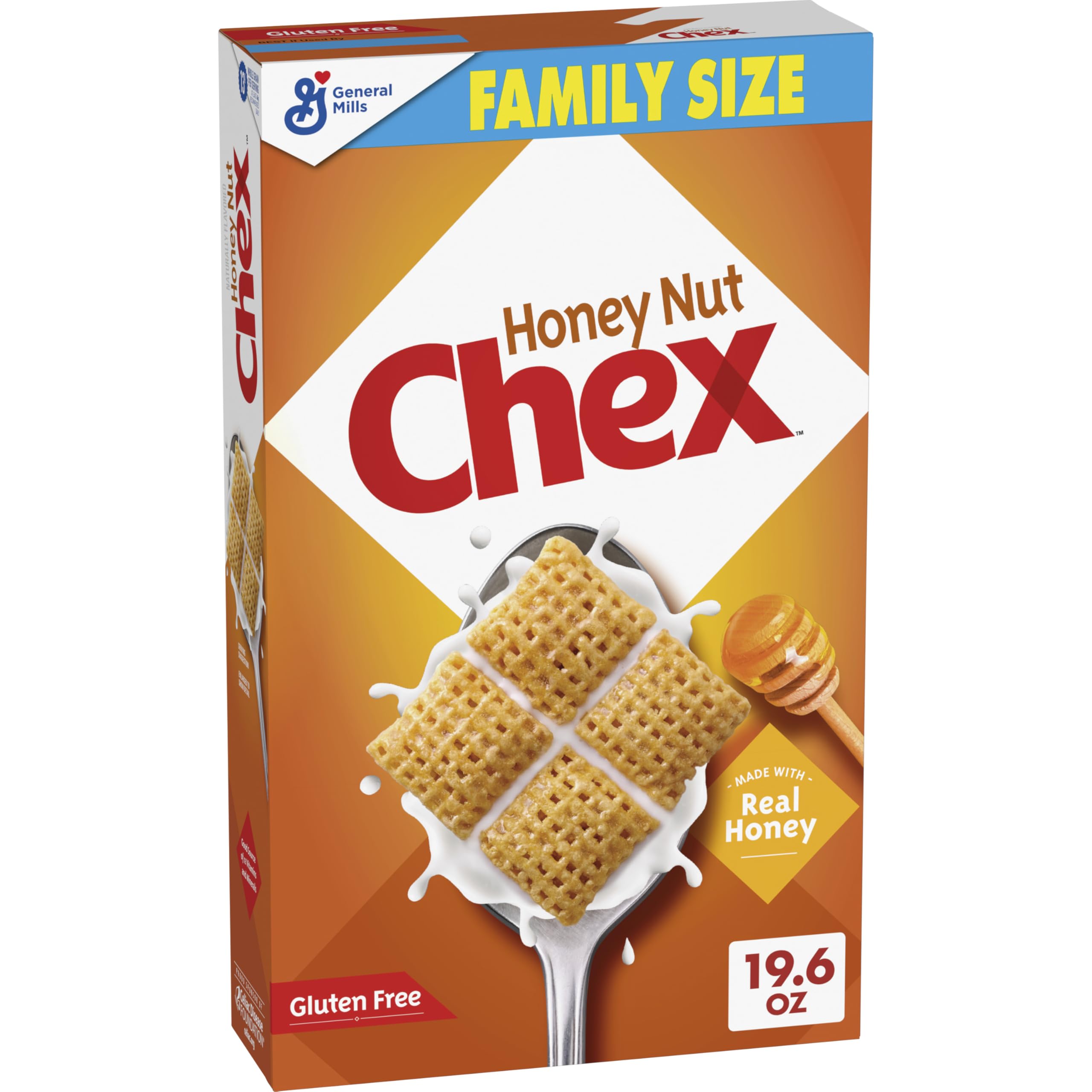 Chex Honey Nut cereal family-size box for quick gluten-free mornings.
