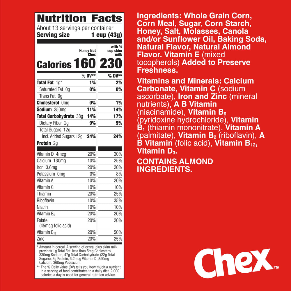 Chex Honey Nut cereal milk pour over a crunchy bowl for breakfast energy.