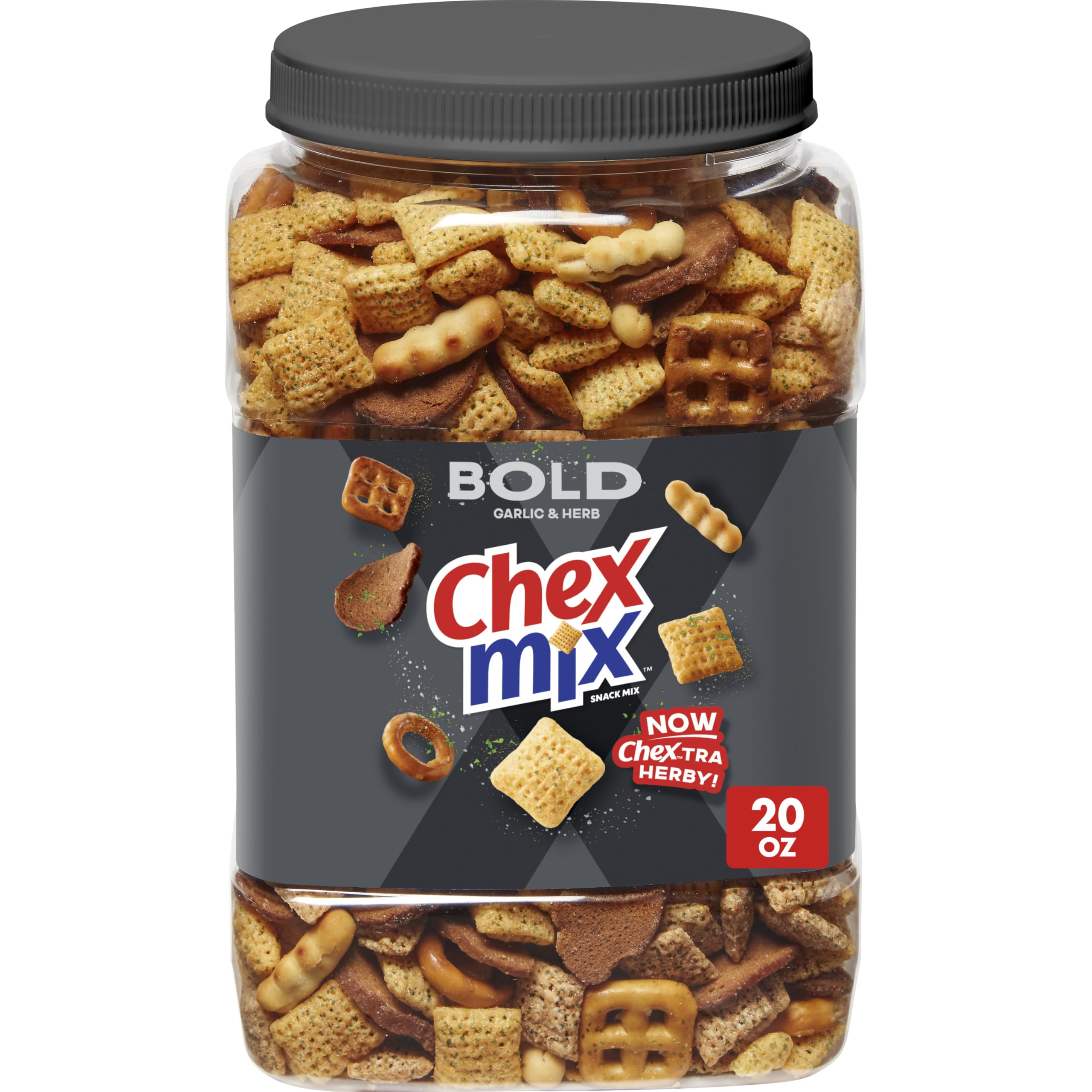 Chex Mix Bold Garlic and Herb Chex squares deliver a bold crunch for snacking