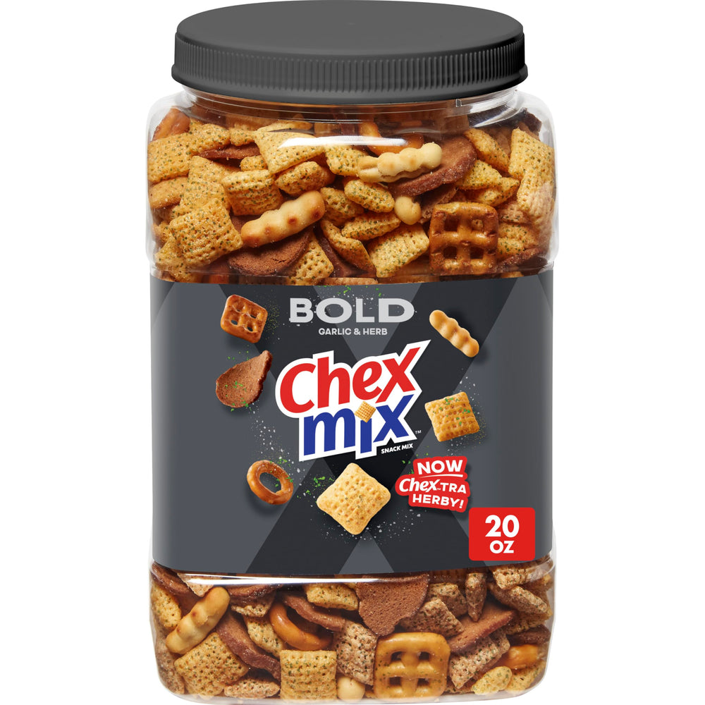 Chex Mix Bold Garlic and Herb Chex squares deliver a bold crunch for snacking