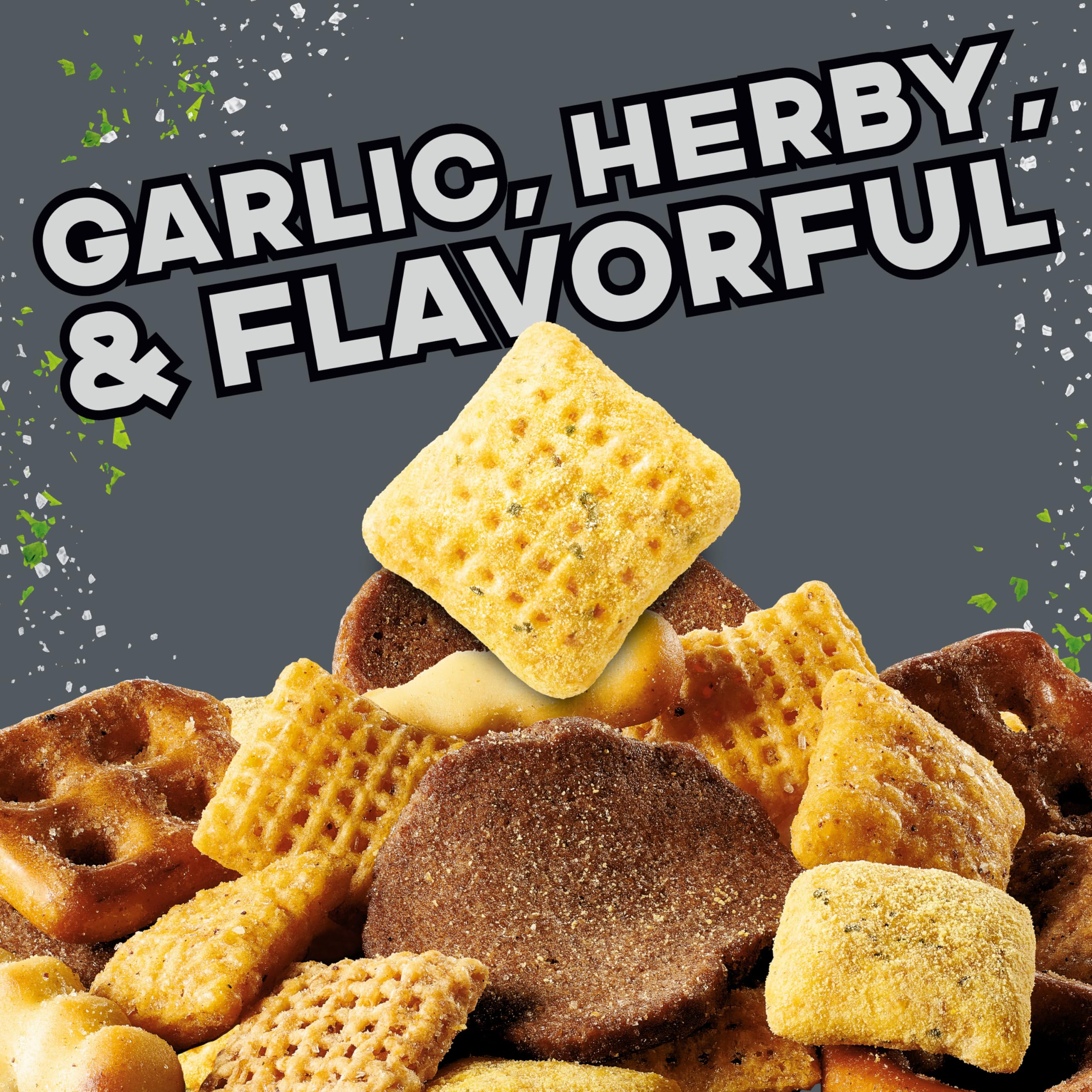 Chex Mix Bold Garlic and Herb squiggle breadsticks bring crispy texture to nibbling
