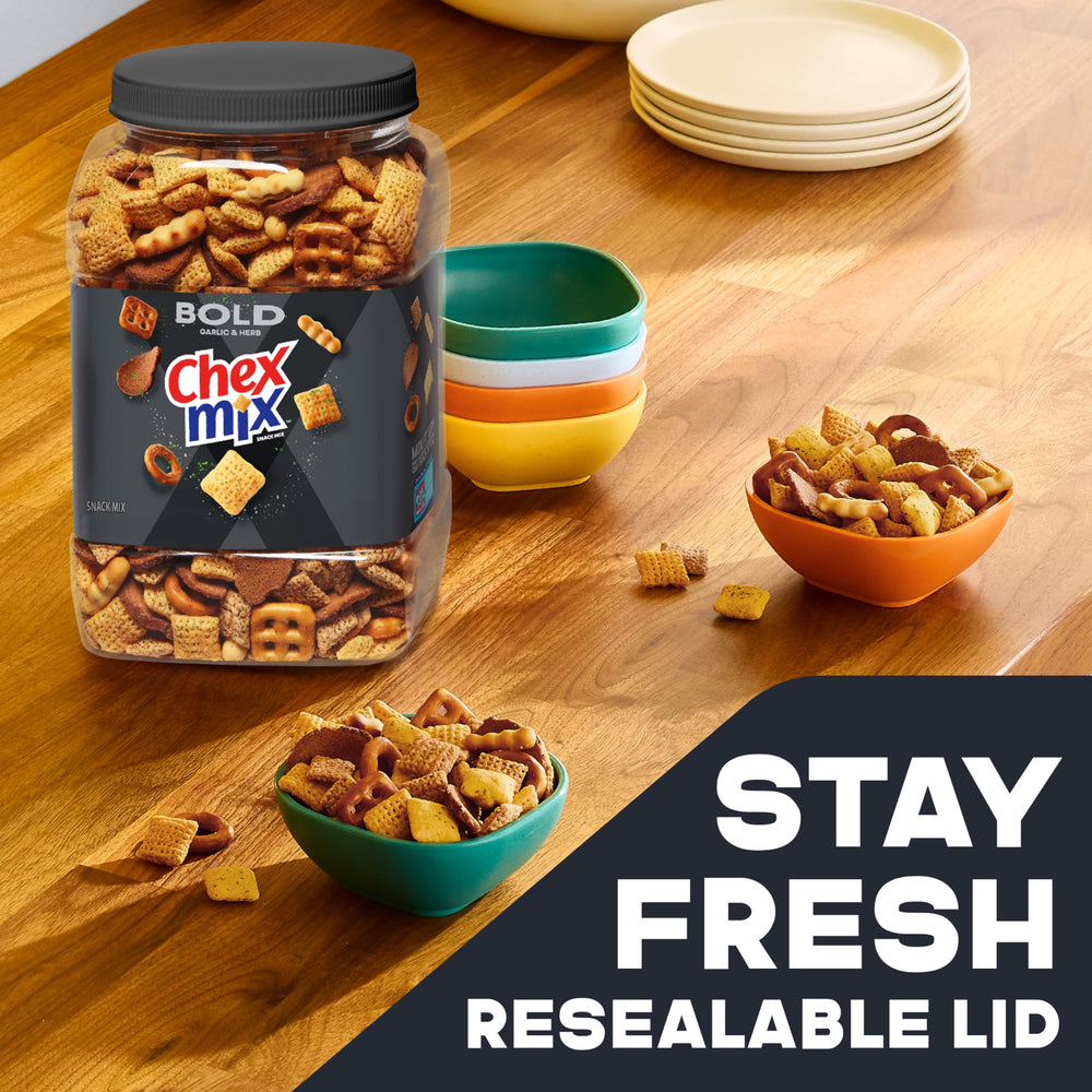 Chex Mix Bold Garlic and Herb wheat Chex add variety to the bowl