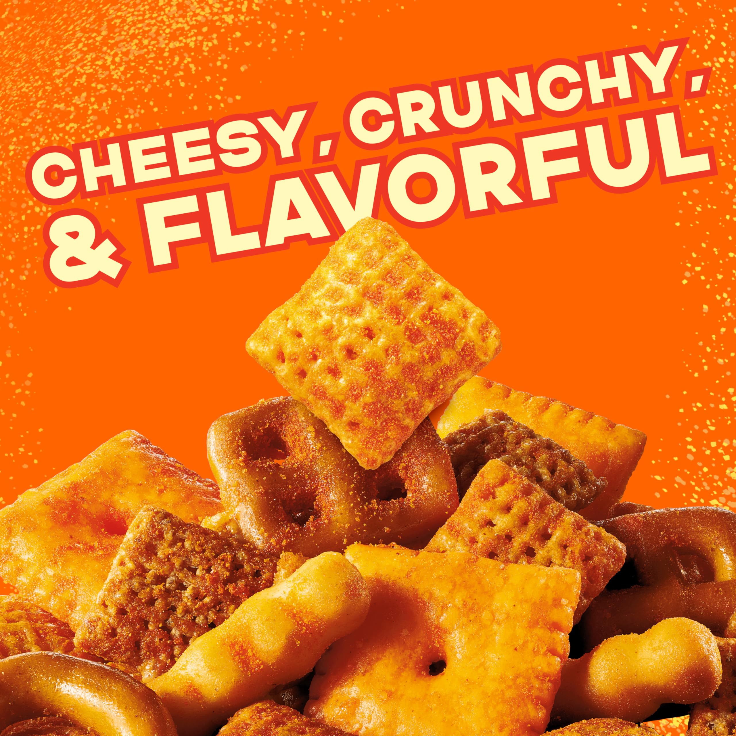 Chex Mix Cheddar Snack crackers and pretzels close-up.
