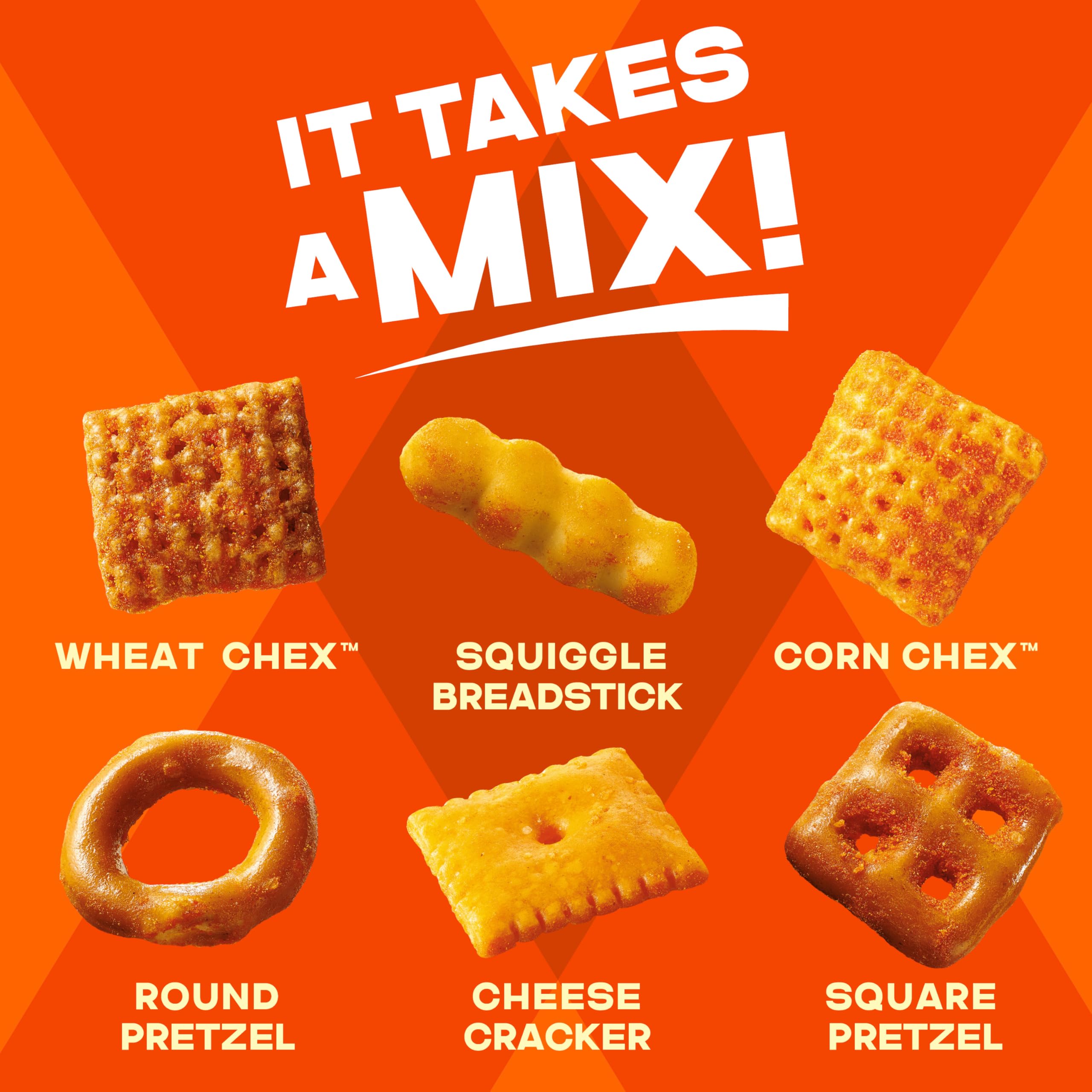 Chex Mix Cheddar Snack tub with pretzels, cheese crackers, and breadsticks.