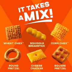 Chex Mix Cheddar Snack tub with pretzels, cheese crackers, and breadsticks.