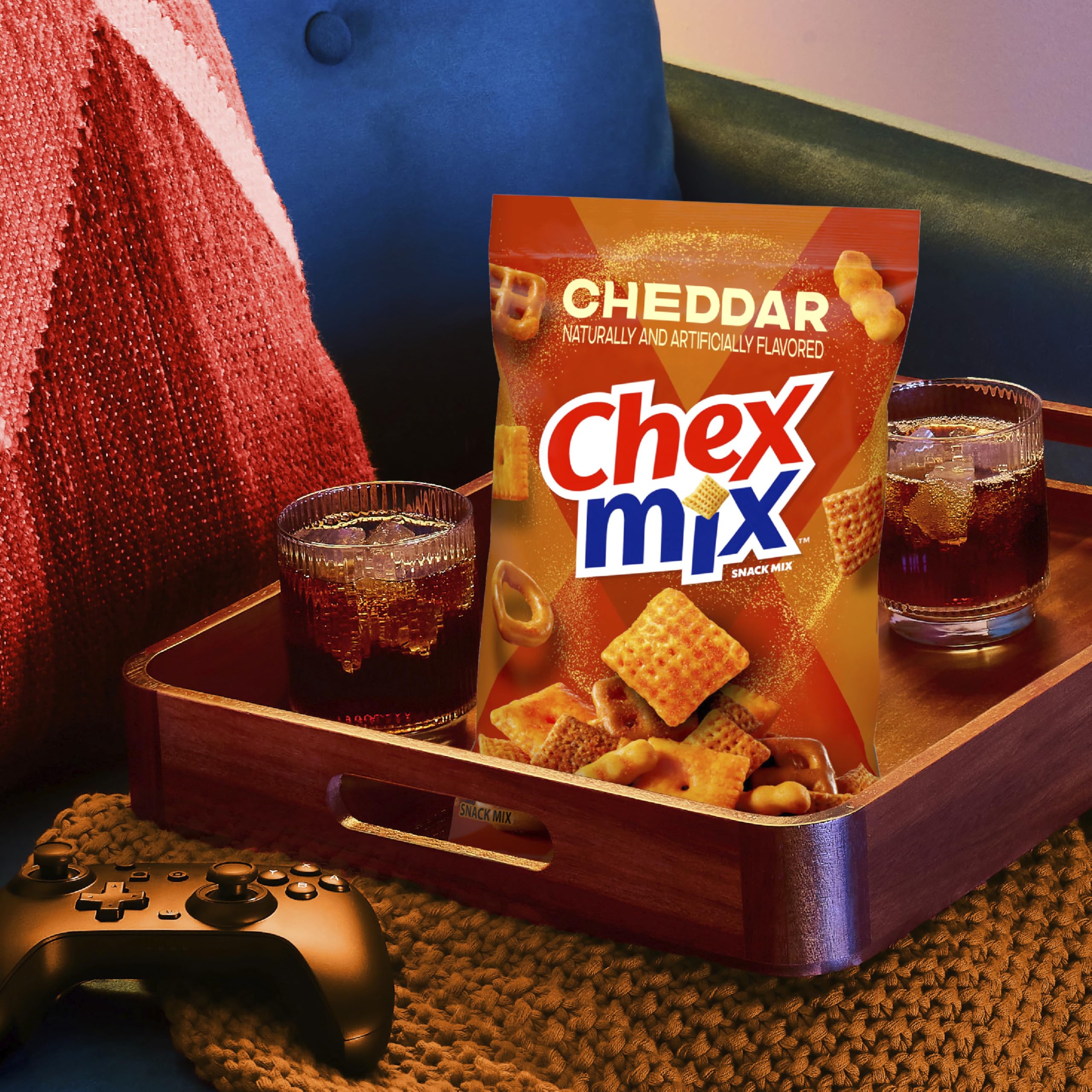 Chex Mix Cheddar Snack serving bowl setup for easy snacking.