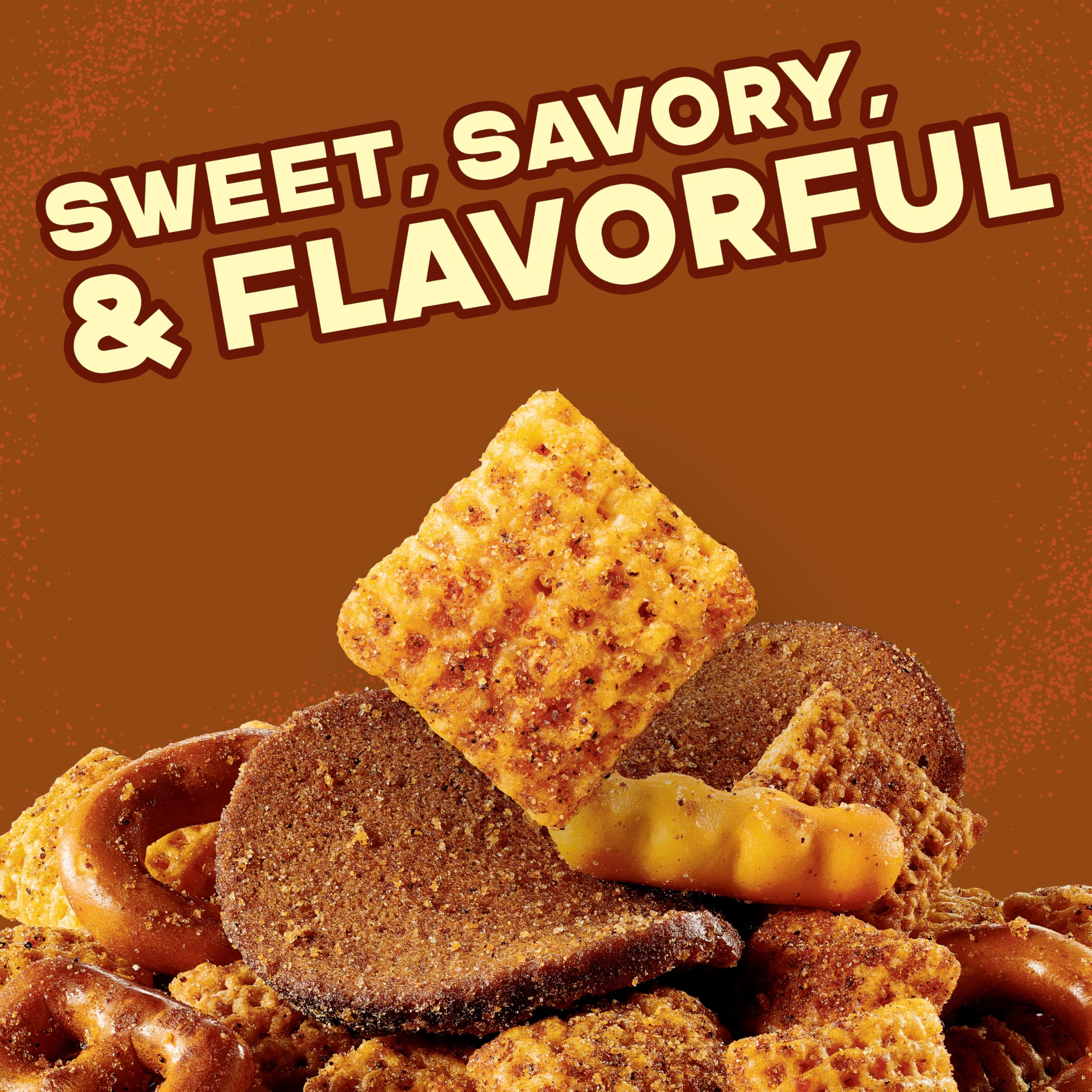 Chex Mix Honey BBQ corn and wheat Chex deliver crunchy texture.