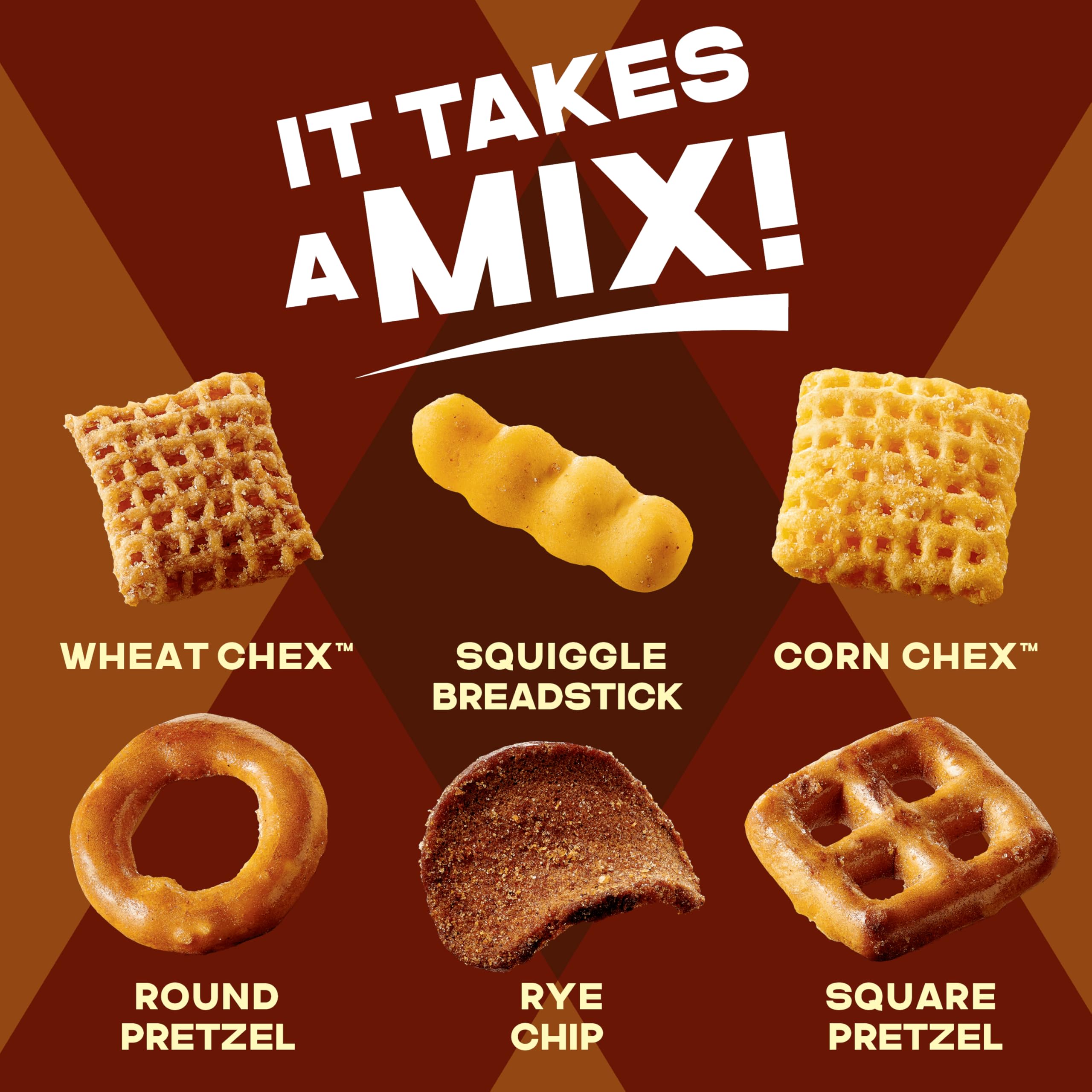 Pretzels, rye chips, and breadsticks add variety in Chex Mix Honey BBQ.
