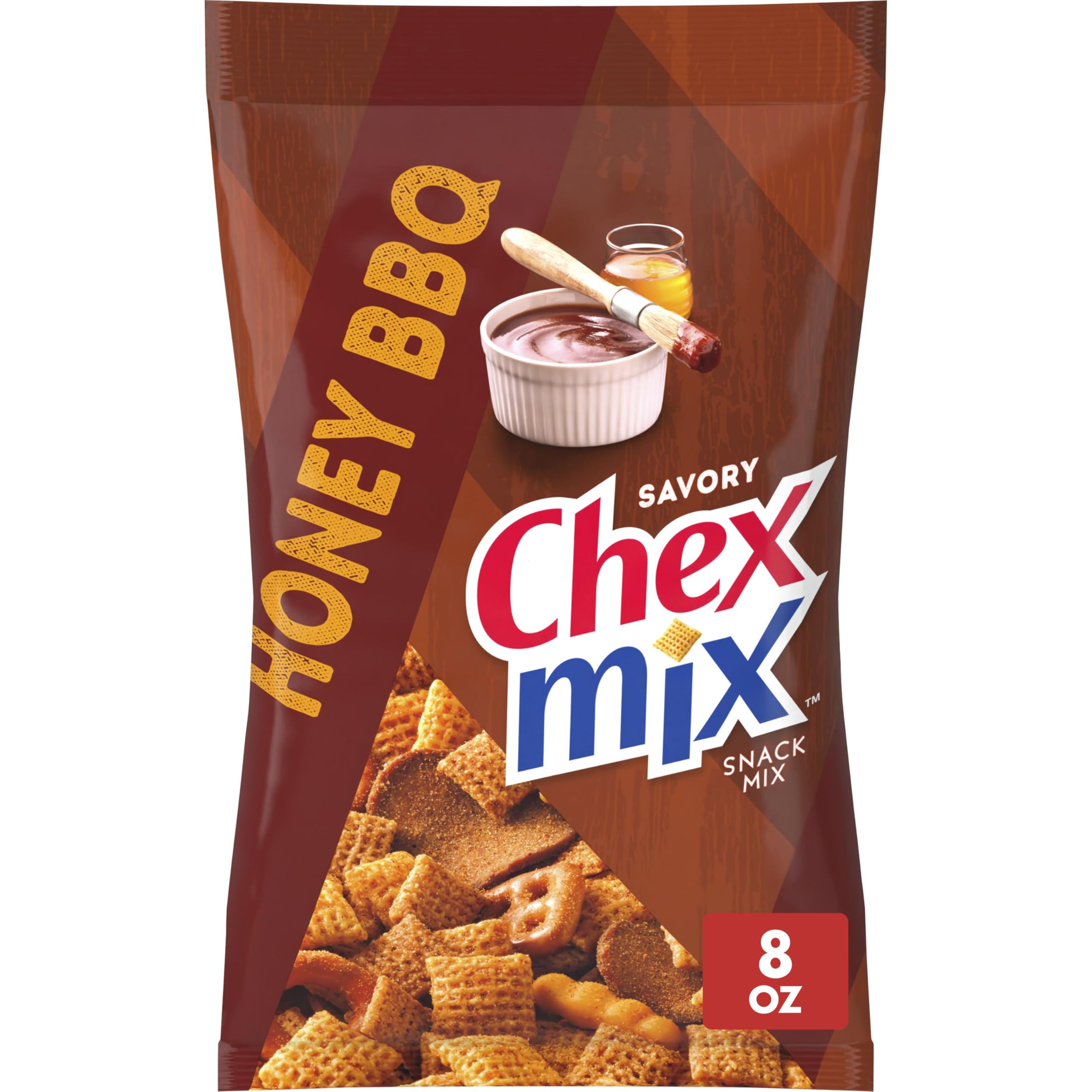 Chex Mix Honey BBQ bag featuring mixed shapes for easy sharing.